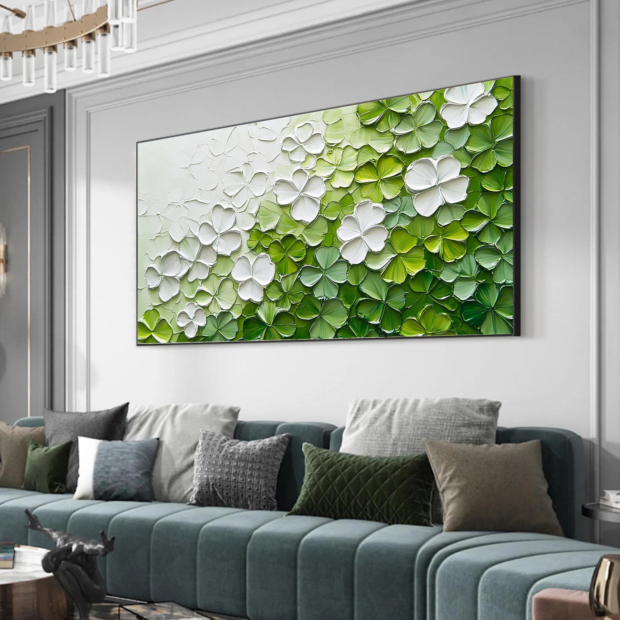 Lush Bloom – Modern White & Sage Green Relief Floral Painting | Tropical Botanical Bedroom & Dining Room Art