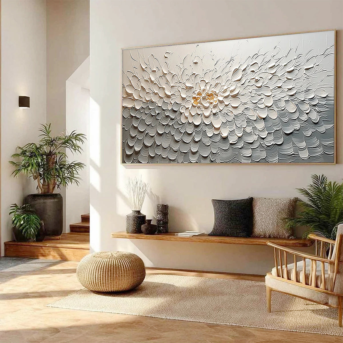 Snow Blossom – Neutral Plaster Relief Floral Painting | Soft Organic Botanical Bedroom & Living Room Art