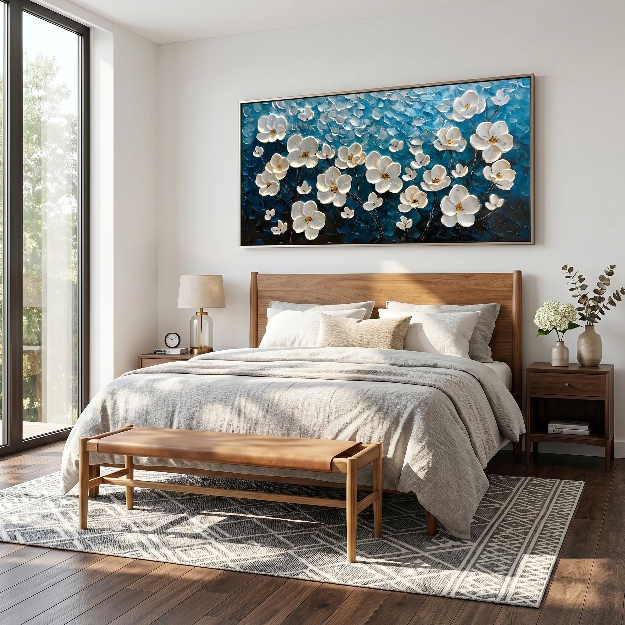 Lunar Serenity – Modern 3D Impasto Teal & White Floral | Minimalist Horizontal Living Room Wall Art