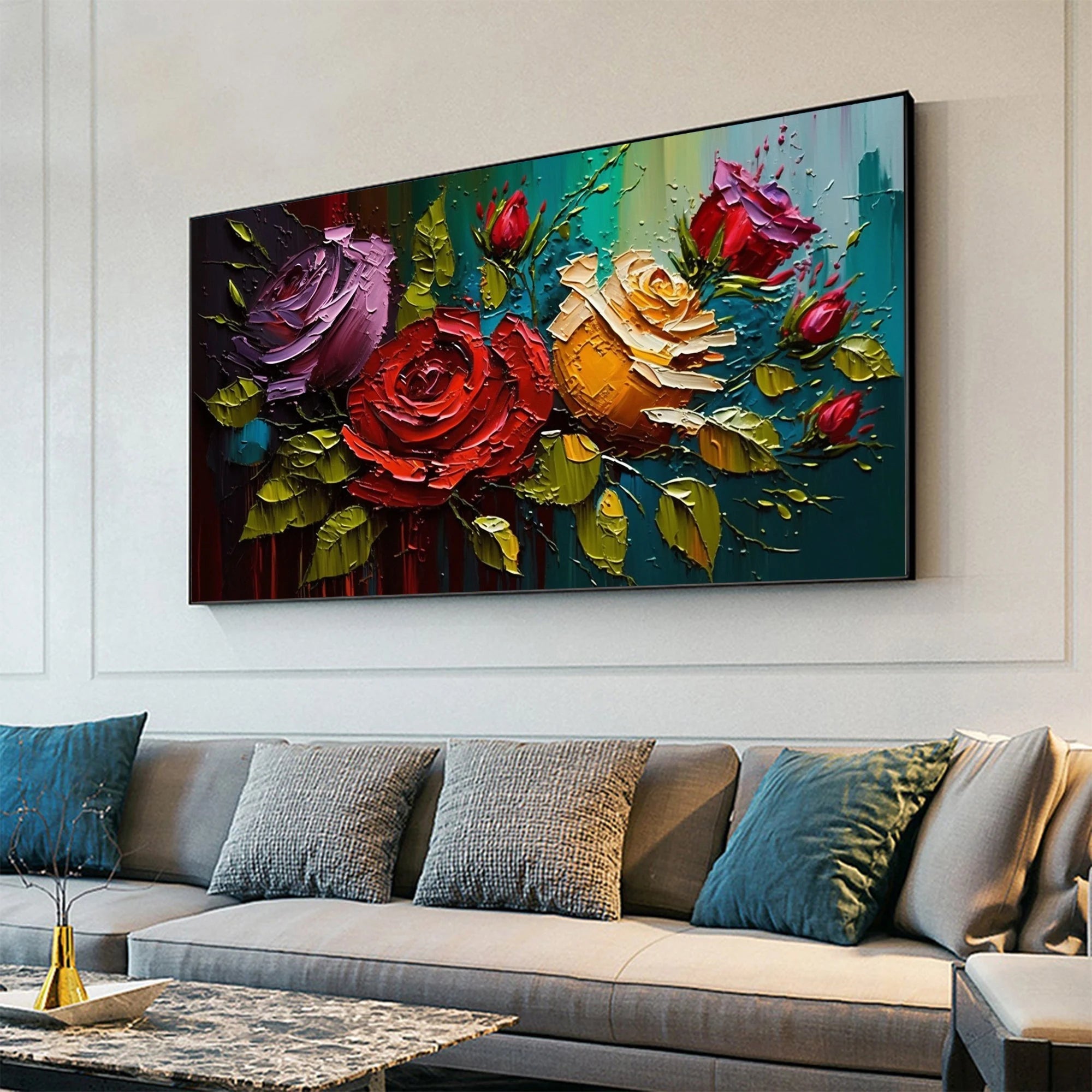 Velvet Roses – Vibrant Floral Relief Floral Painting | Vibrant Botanical Living Room & Dining Room Art
