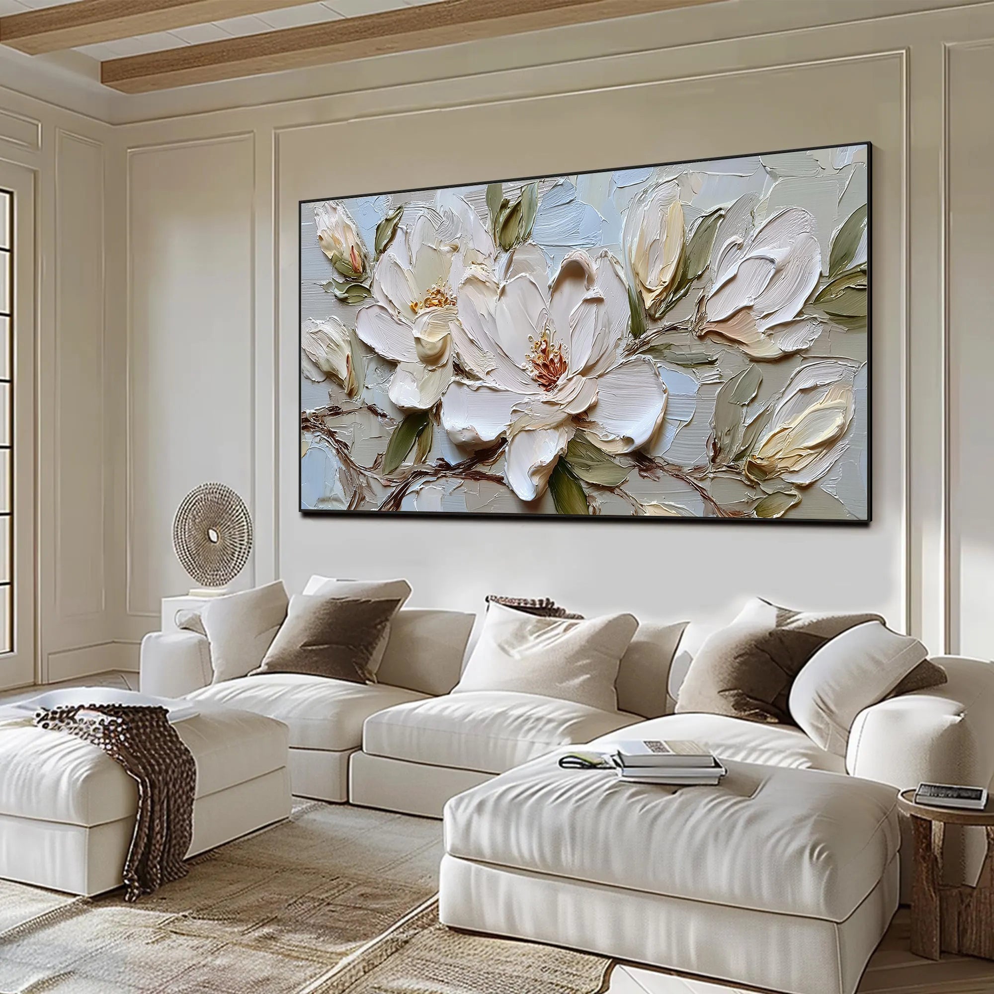 Serene Magnolia – Modern White Petal Relief Impasto Floral Painting | Contemporary Botanical Bedroom & Living Room Art