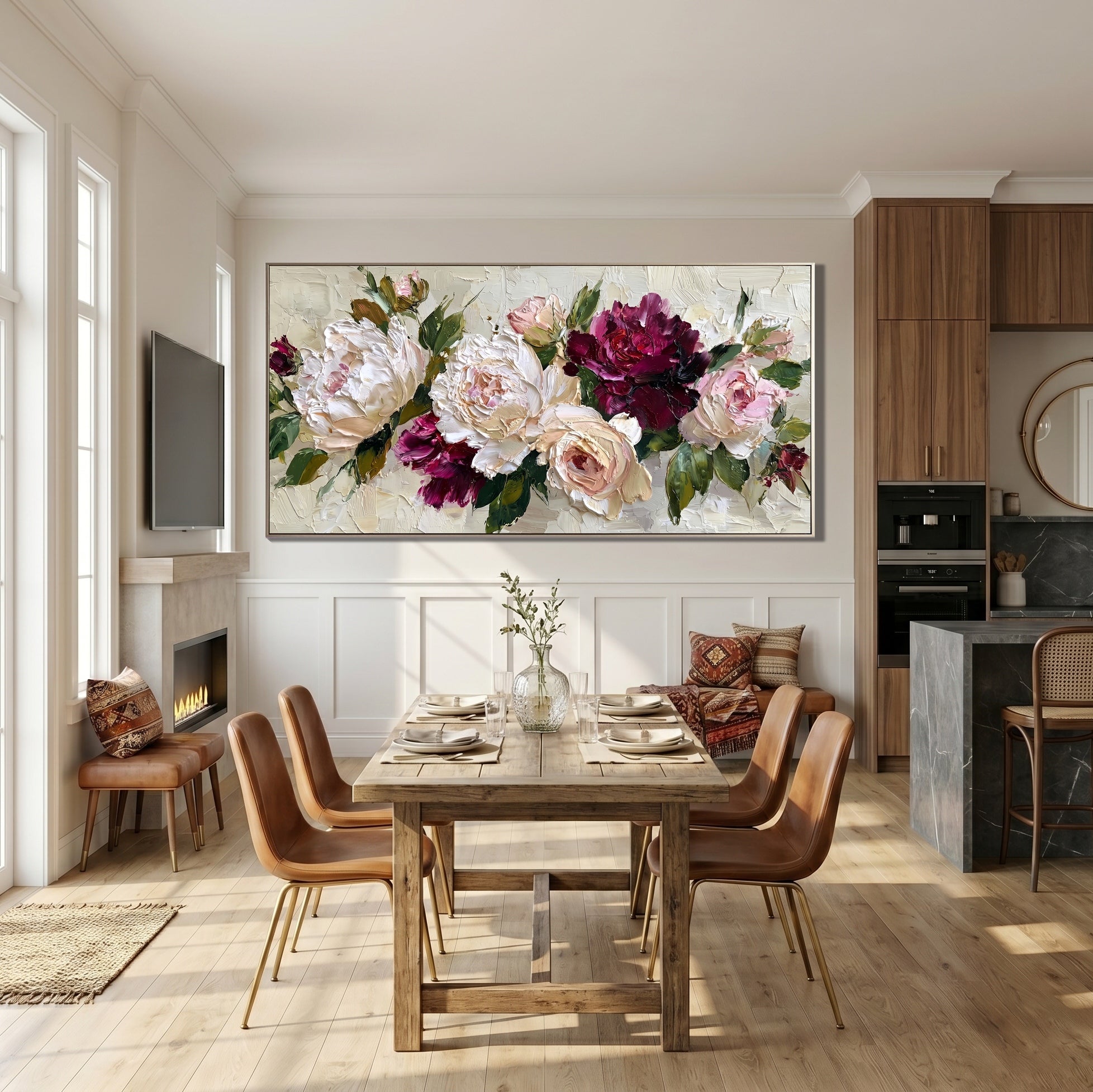 Velvet Kiss – Modern Impasto Burgundy and Cream Peony Canvas | Luxury Romantic Living Room Art