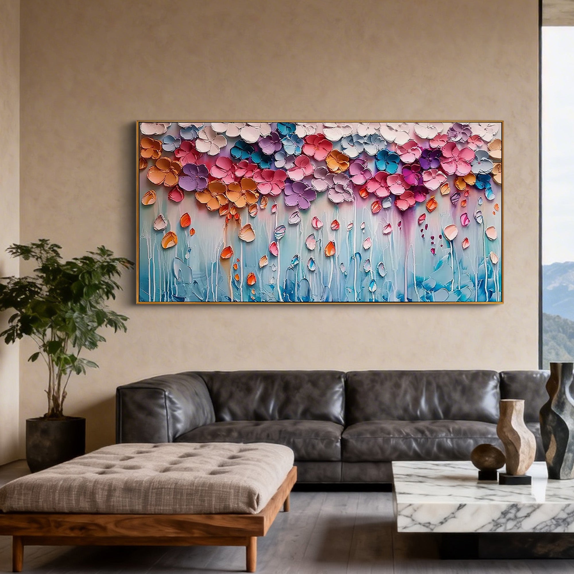 Dreamy Floral Rain – Modern Vibrant Impasto Pastel Flowers Painting | Healing Romantic Living Room Art