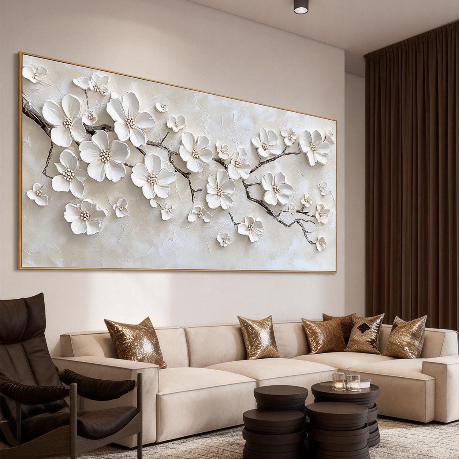 Serene Blossoms – Modern Luxury Creamy Beige Blossom Tree Painting |Horizontal Textured Dining Room Art
