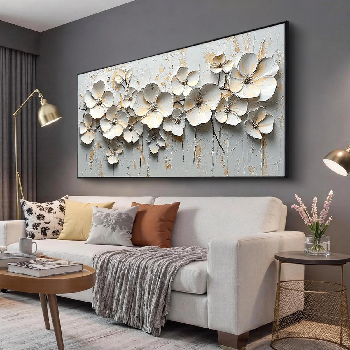 Golden Radiance – Modern Luxury White and Gold Floral Painting | Heavy Textured Living Room Art