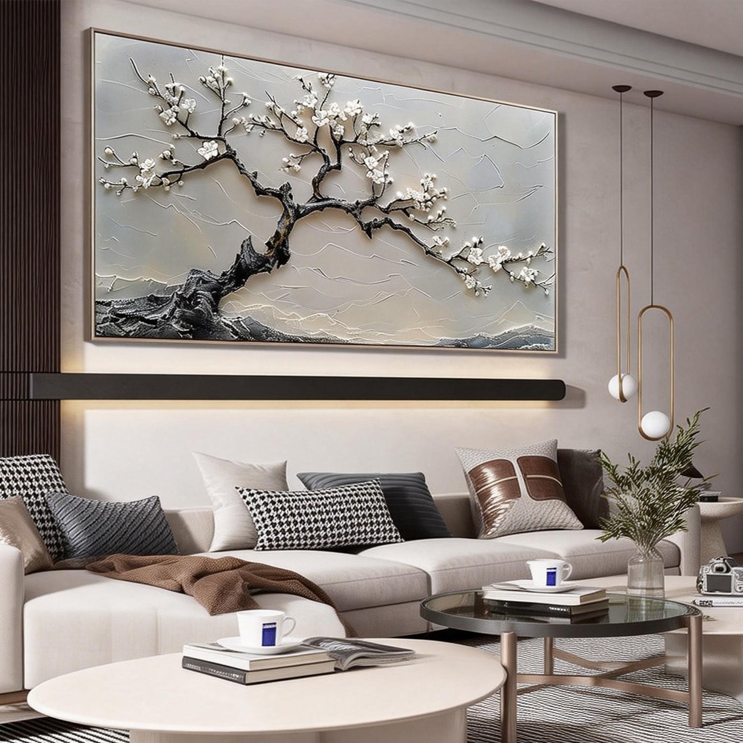Winter Blossom – Luxury High-Relief Stark Black and White Painting | Panoramic Botanical Living Room Art