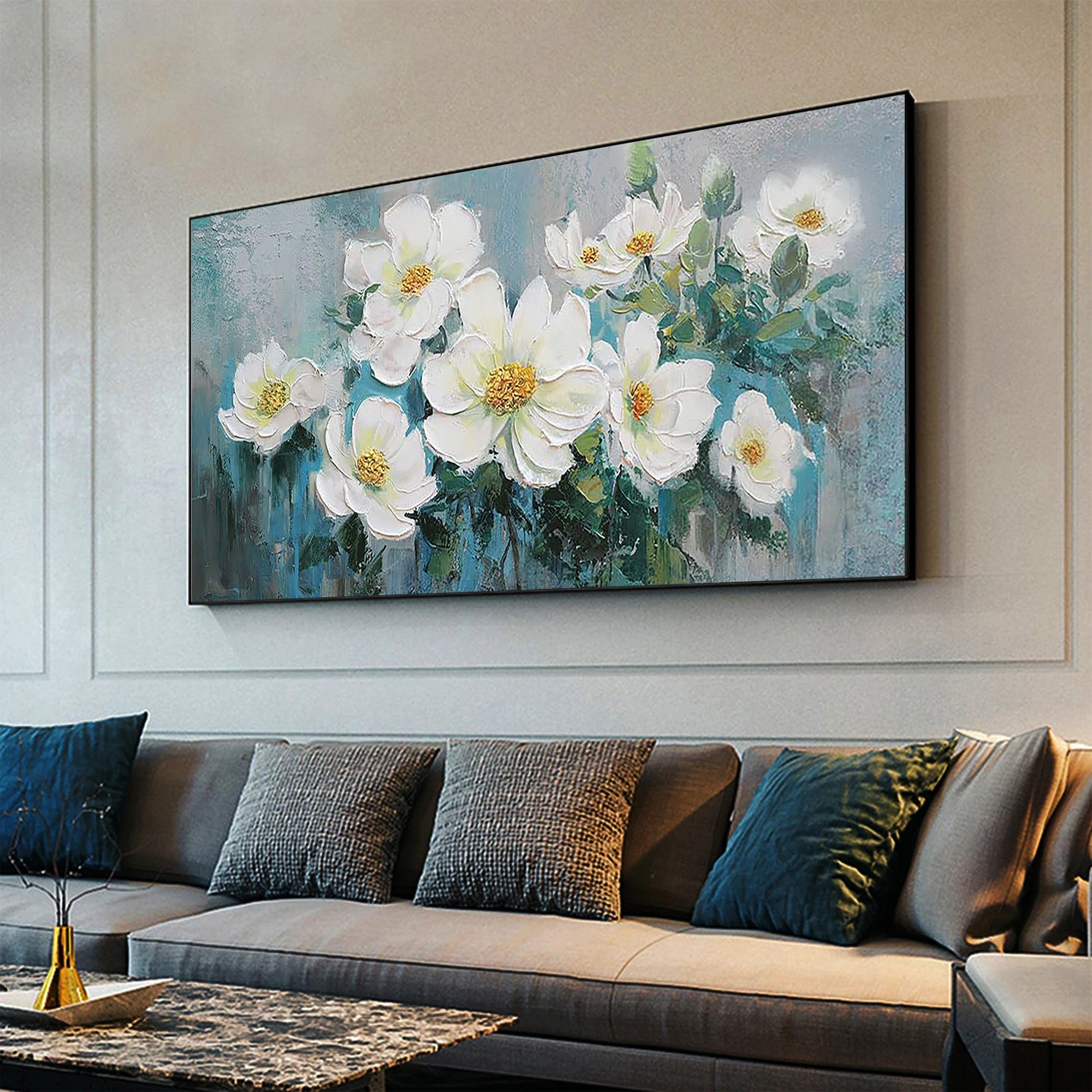 Aquamarine Bloom – Heavy Textured White Magnolia Painting | Elegant Teal & Gray Floral Bedroom Art