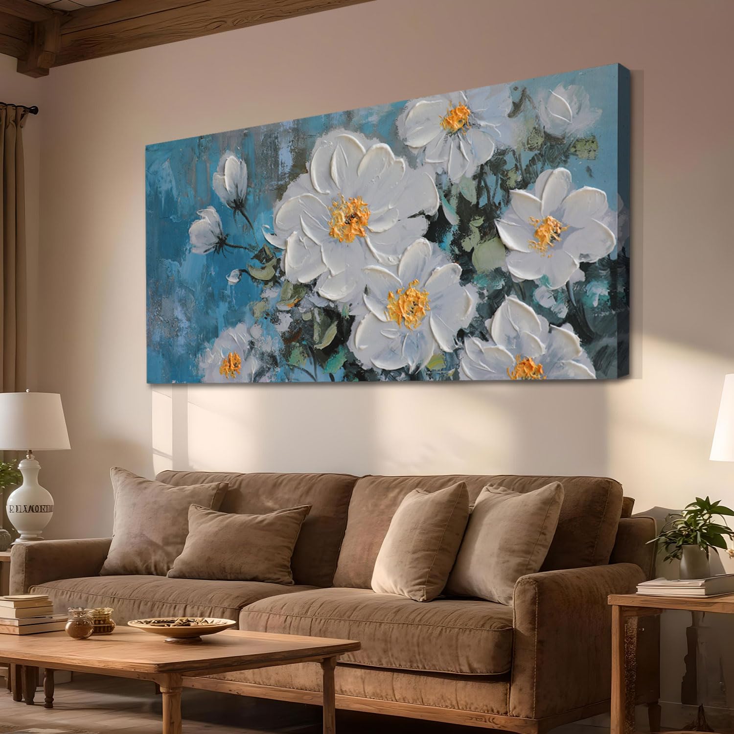 Deep Teal Bloom – Luxury Blue Background Relief Floral Painting | Contemporary Botanical Bedroom & Living Room Art