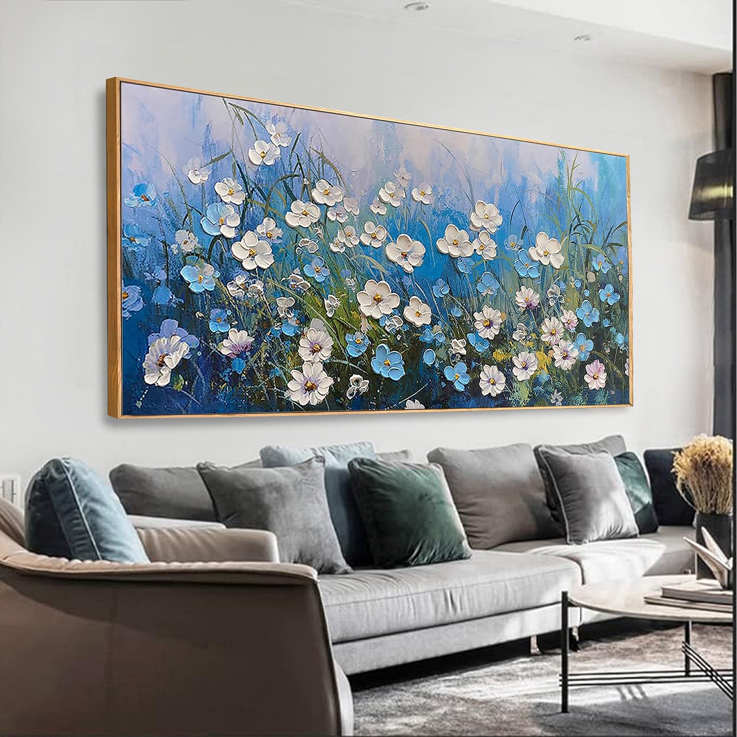 Azure Meadow – Blue Wildflower Relief Floral Painting | Contemporary Botanical Bedroom & Living Room Art