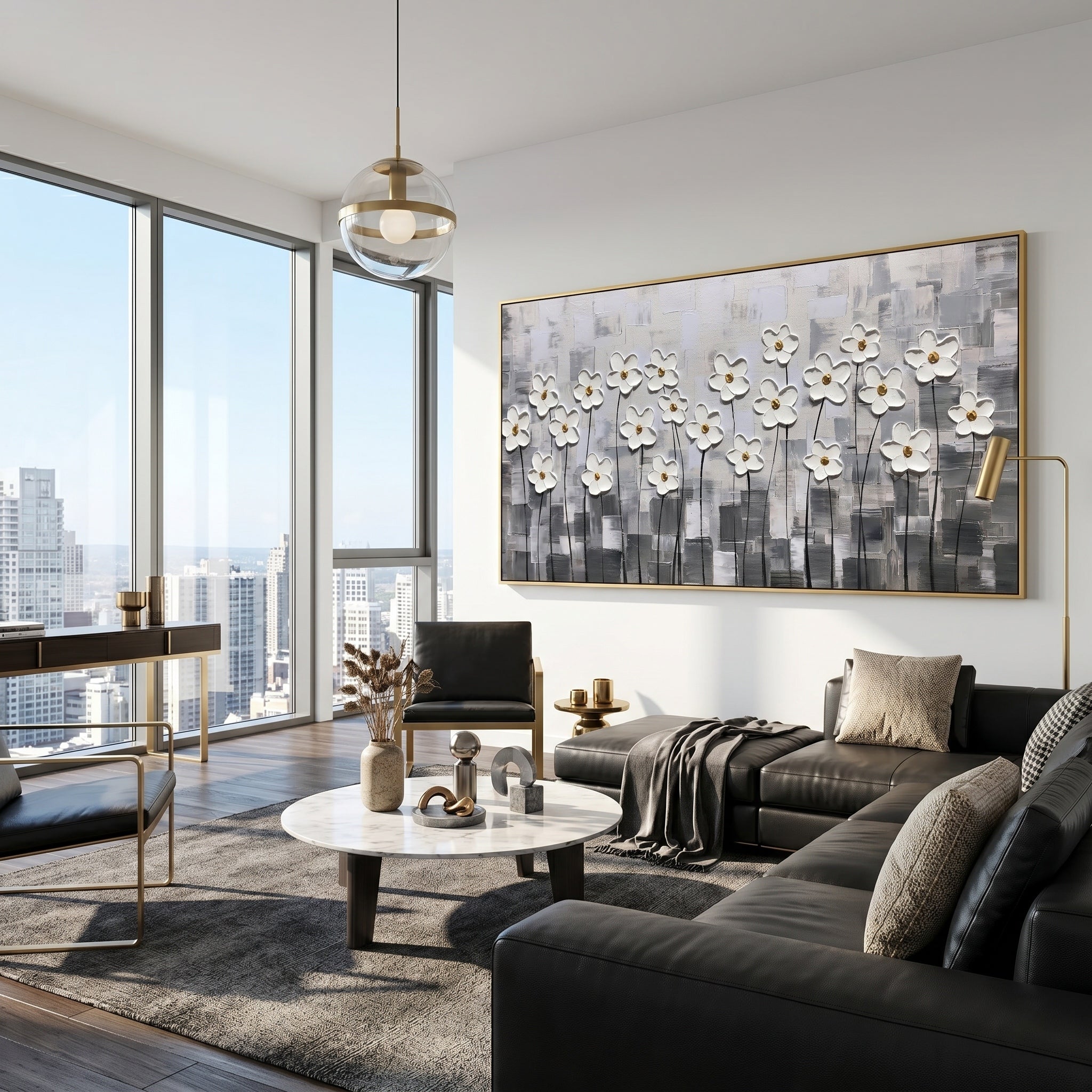 Silent Bloom – Modern Minimalist Gray and White Impasto Floral Canvas | Luxury Living Room Wall Art
