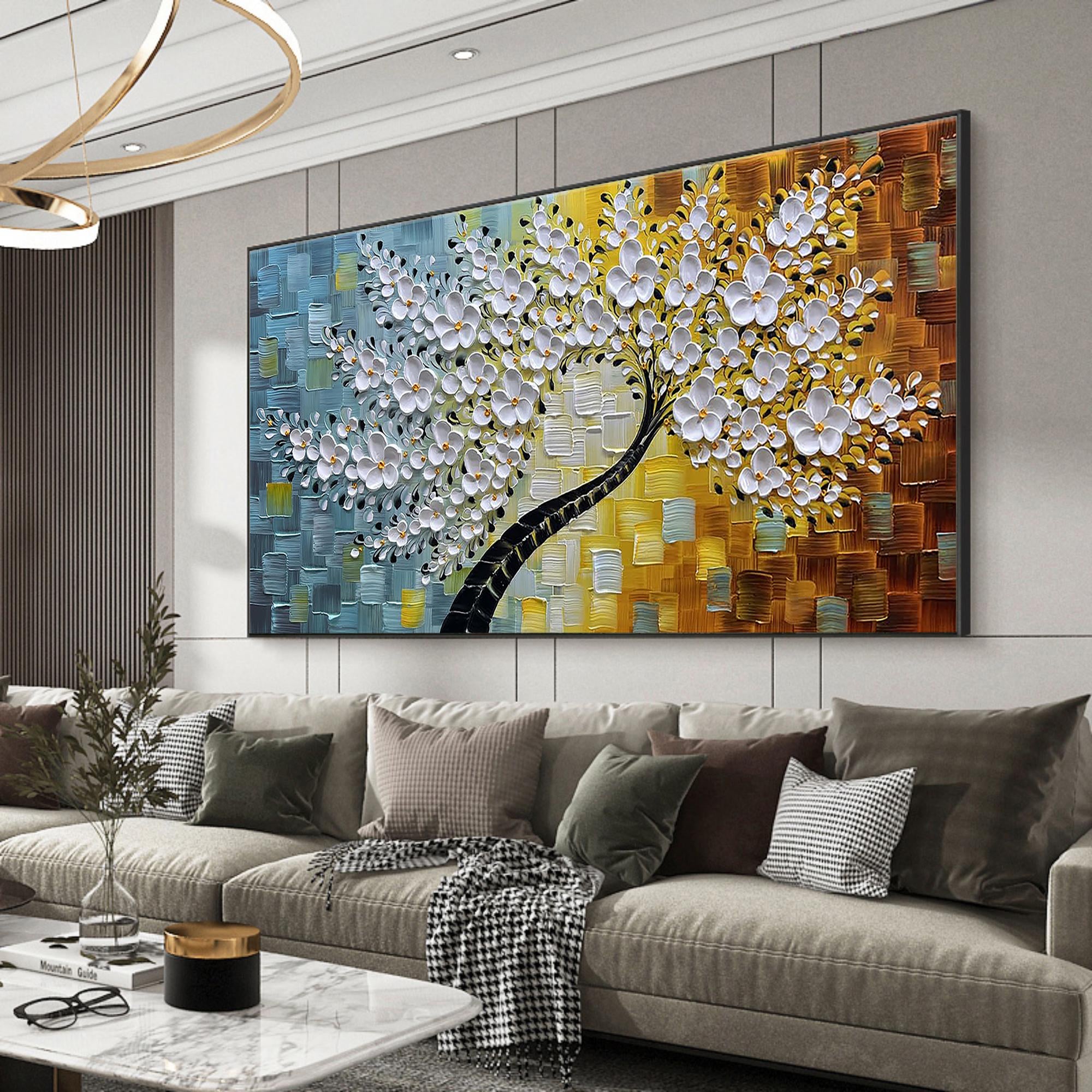 Golden Bloom – White and Amber Relief Tree Floral Painting | Modern Luxury Botanical Bedroom & Living Room Art