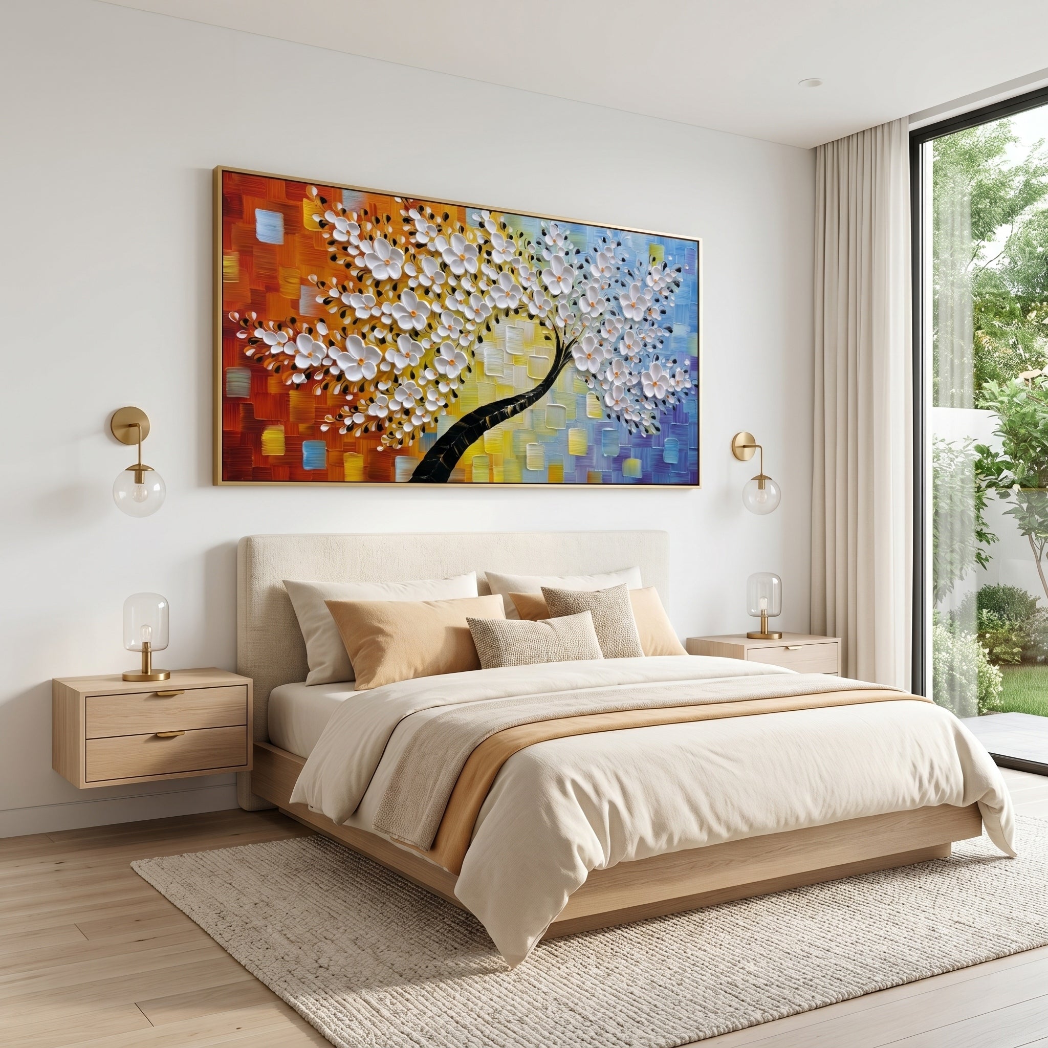 Dance of Life – Modern Textured Impasto Flower Tree | Artful Warm-Cool Contrast Entryway Wall Art