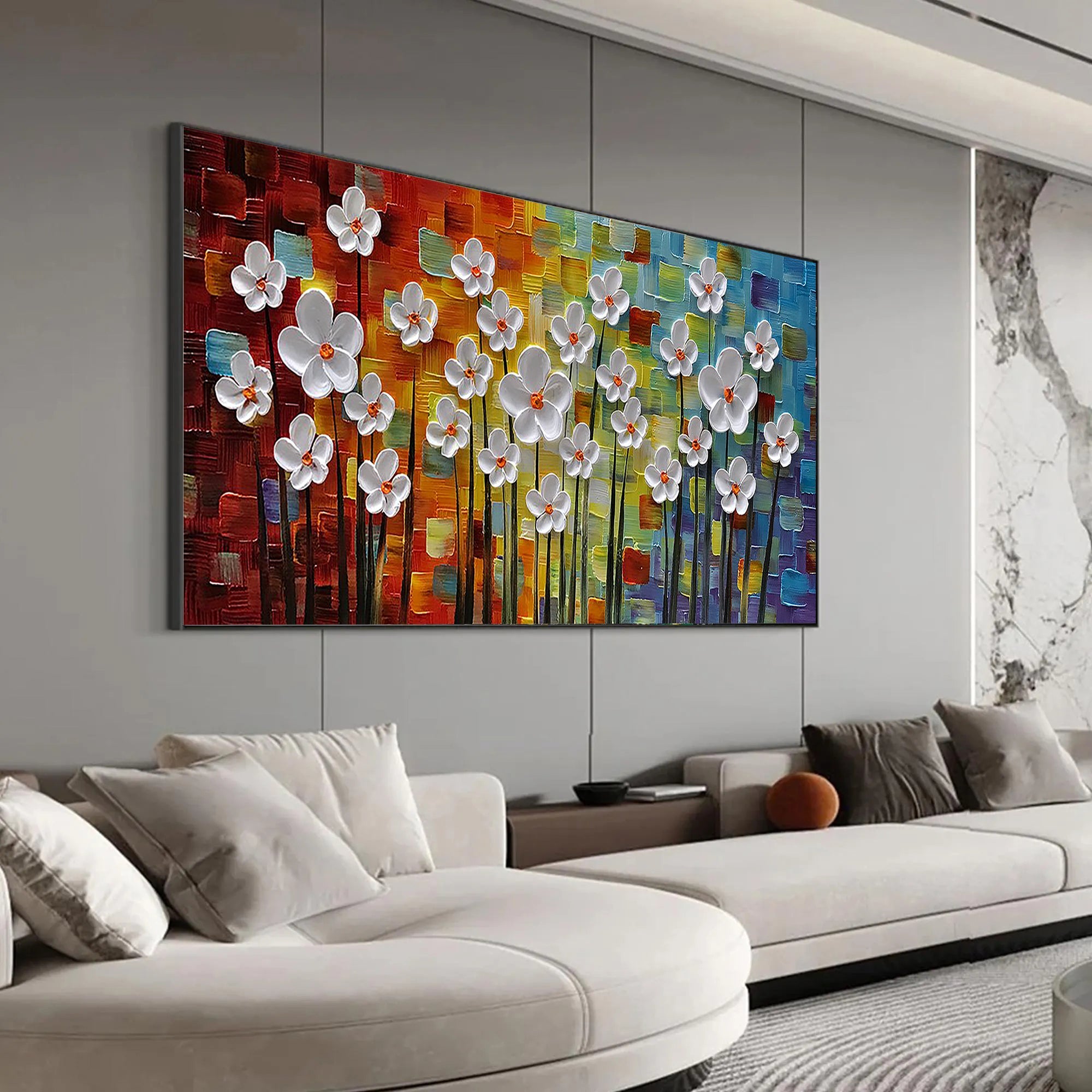 Rainbow Bloom – Vibrant Mosaic Background Relief Floral Painting | Vibrant Botanical Living Room & Dining Room Art