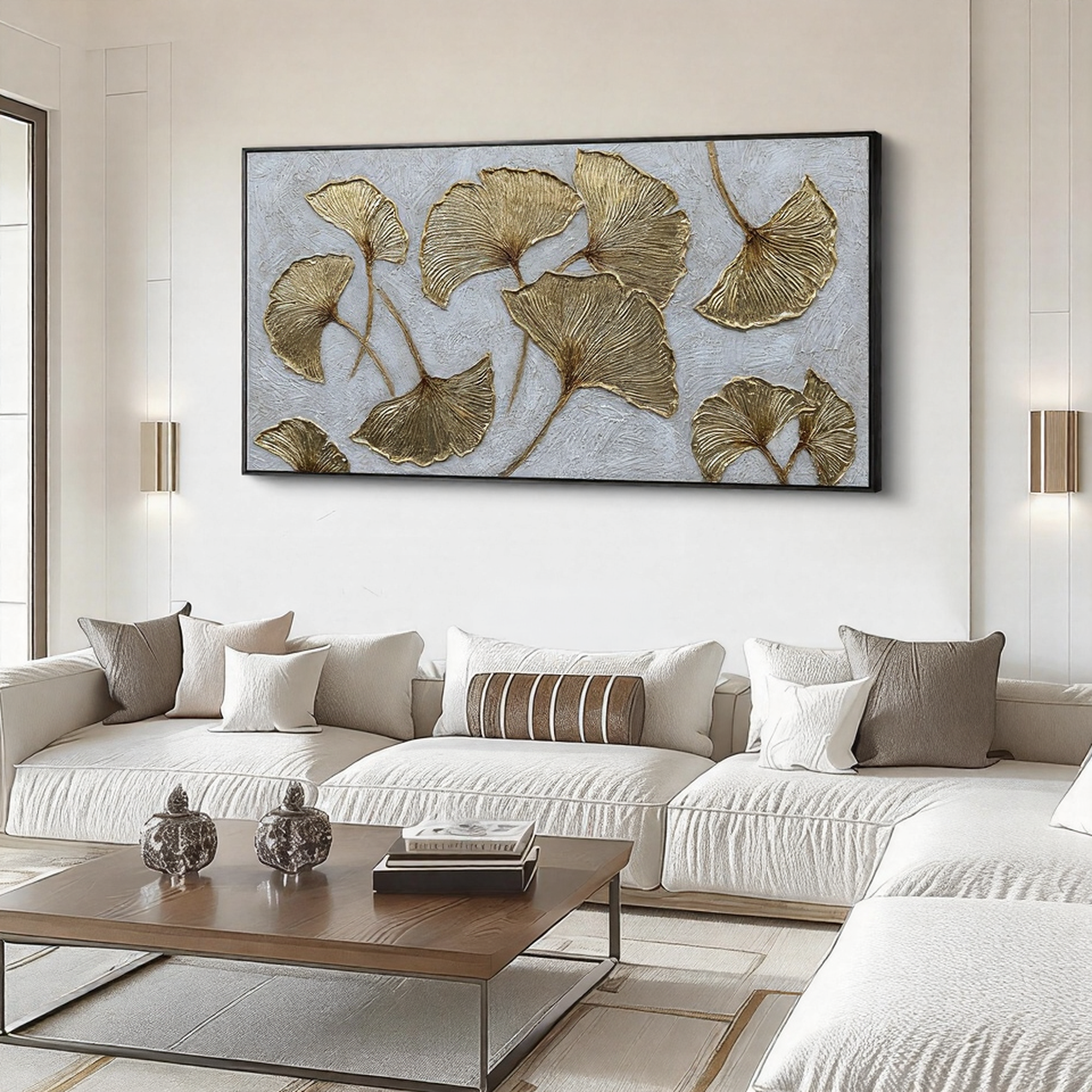 Gilded Leaves – Modern Gold Leaf Relief Texture Painting | Modern Luxury Metallic Living Room & Hotel Art