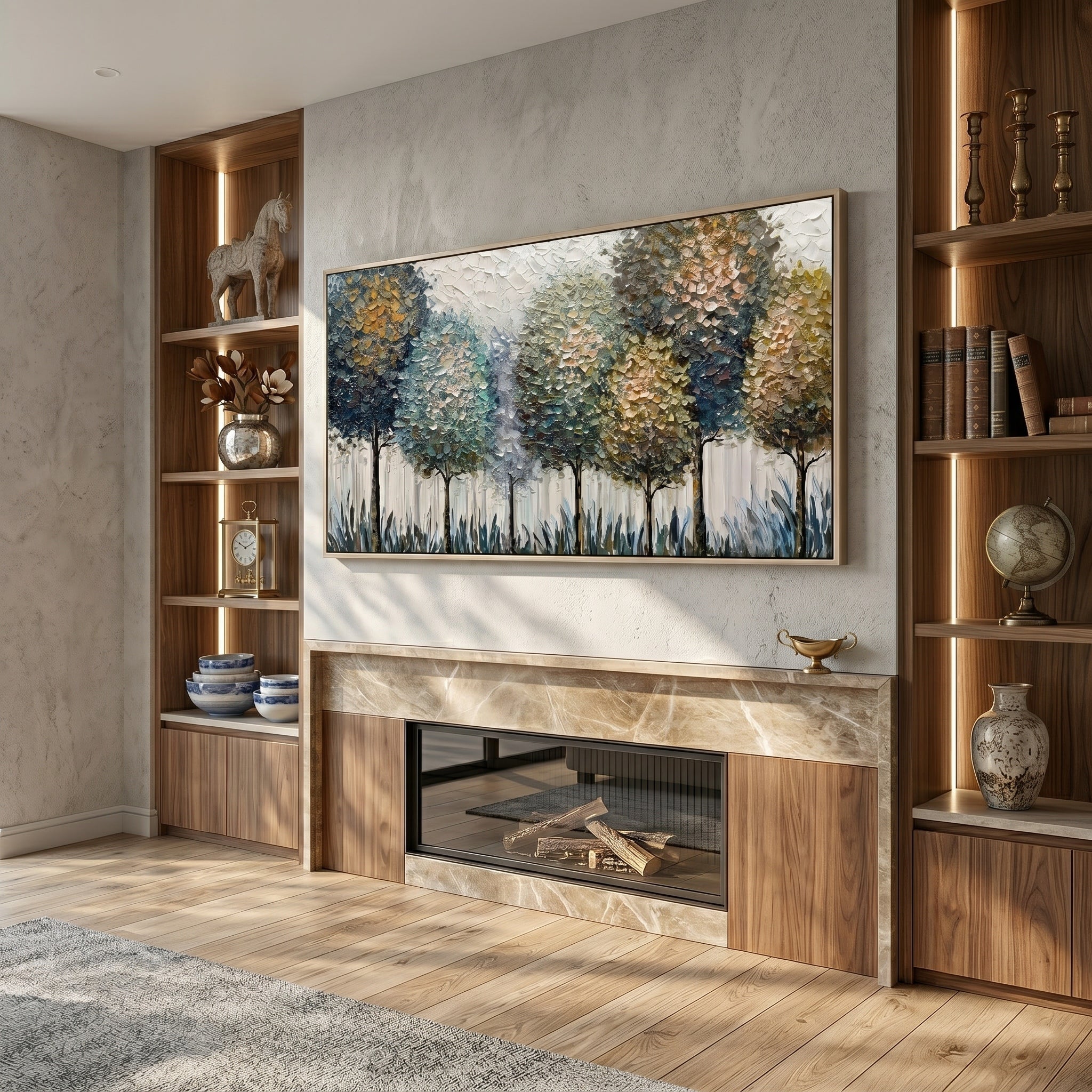 Morning Whispers – Blue-Grey & Gold Impasto Abstract Tree Landscape | Modern Luxury Bedroom Art