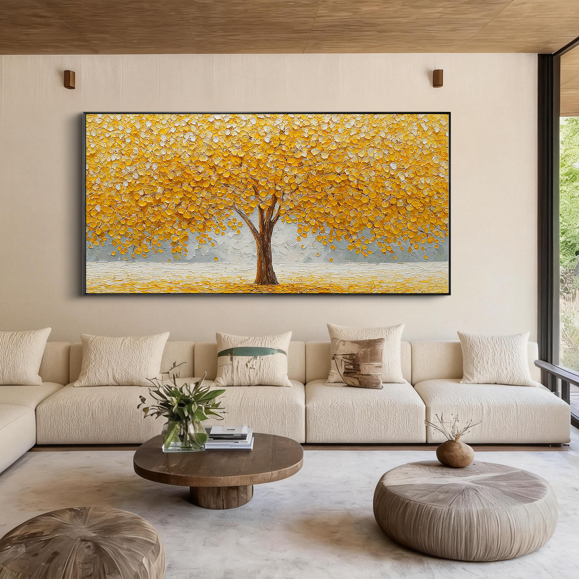 Gilded Opulence – Modern Impasto Golden Money Tree | Minimalist Sculptural Living Room Art