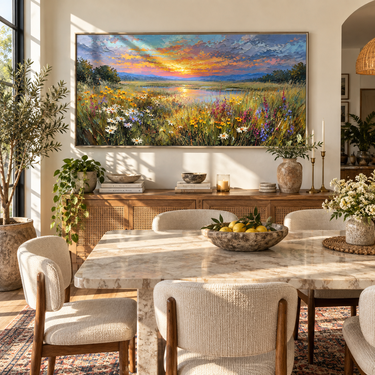 Meadow Catches Last Light textured wall art shown above contemporary furnishings