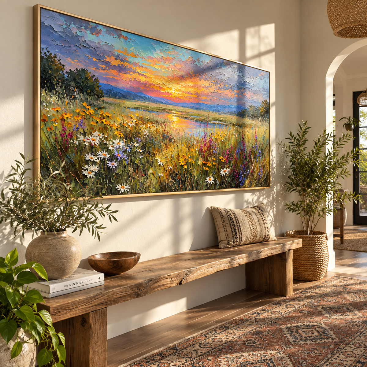 Meadow Catches Last Light wide painting styled as a refined focal point