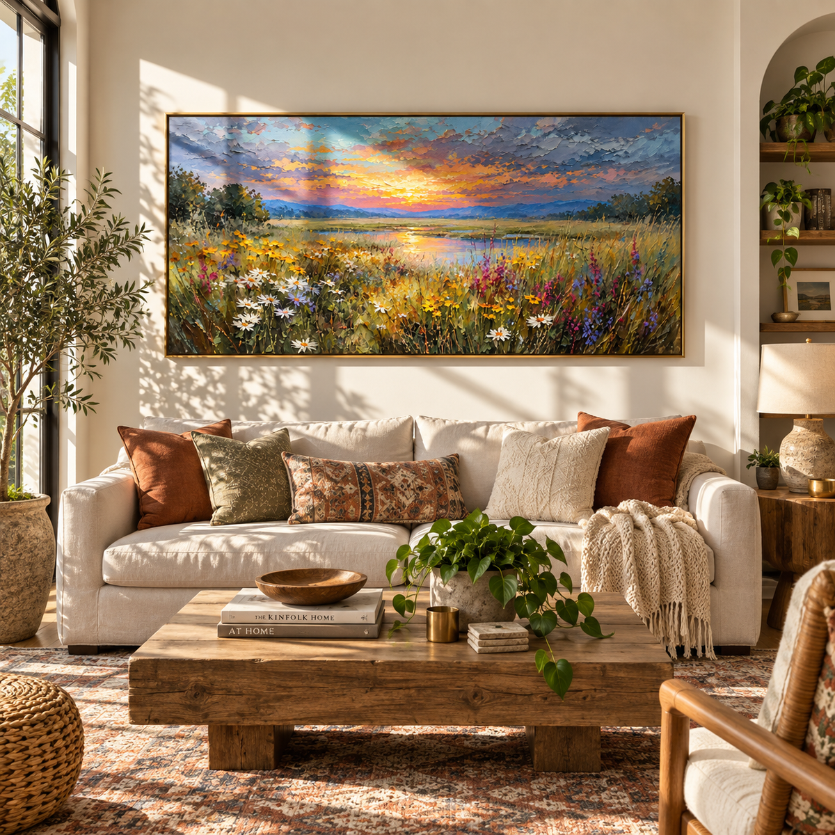 Meadow Catches Last Light displayed with natural materials and modern decor
