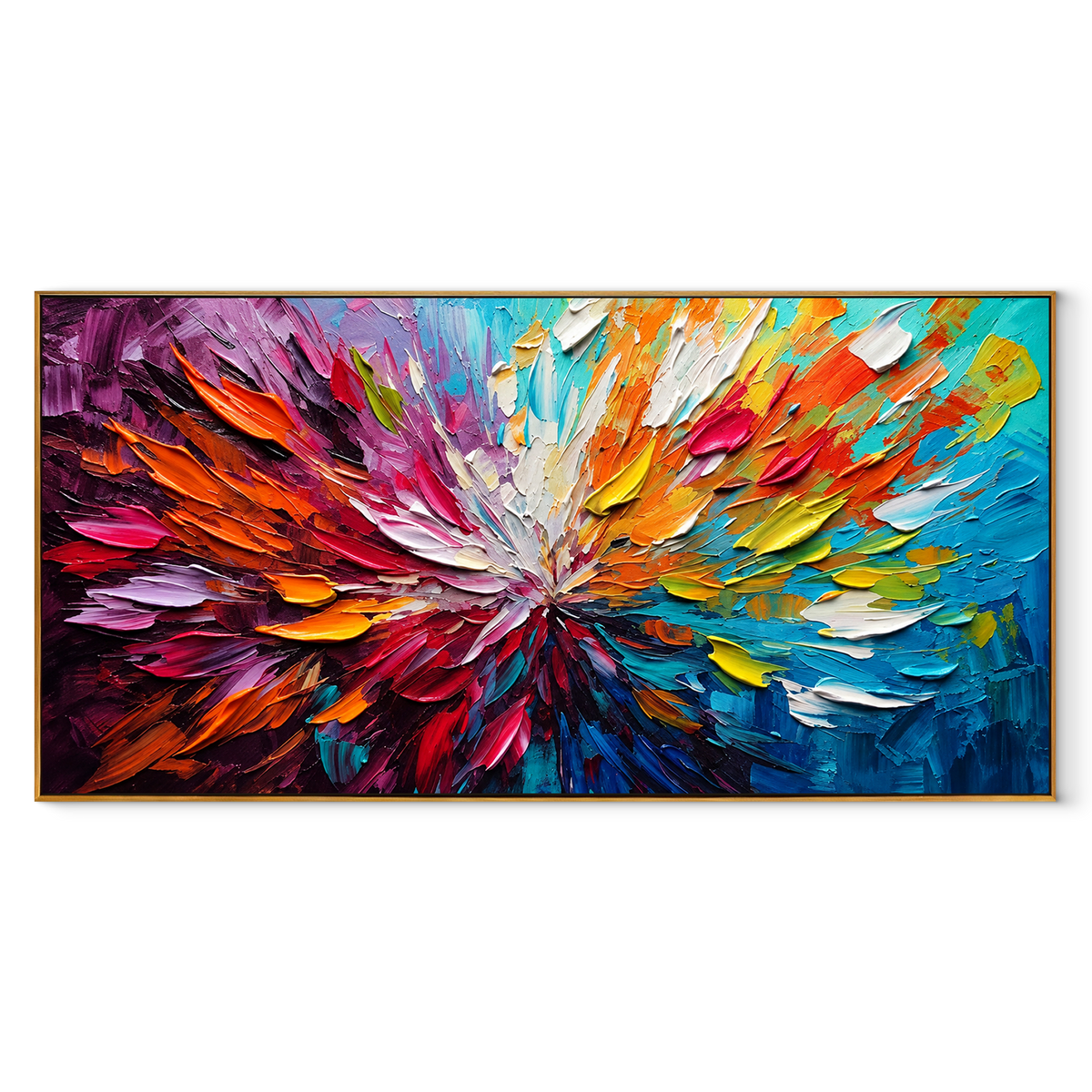 Petals Burst Into Color panoramic canvas artwork in a wood frame on white