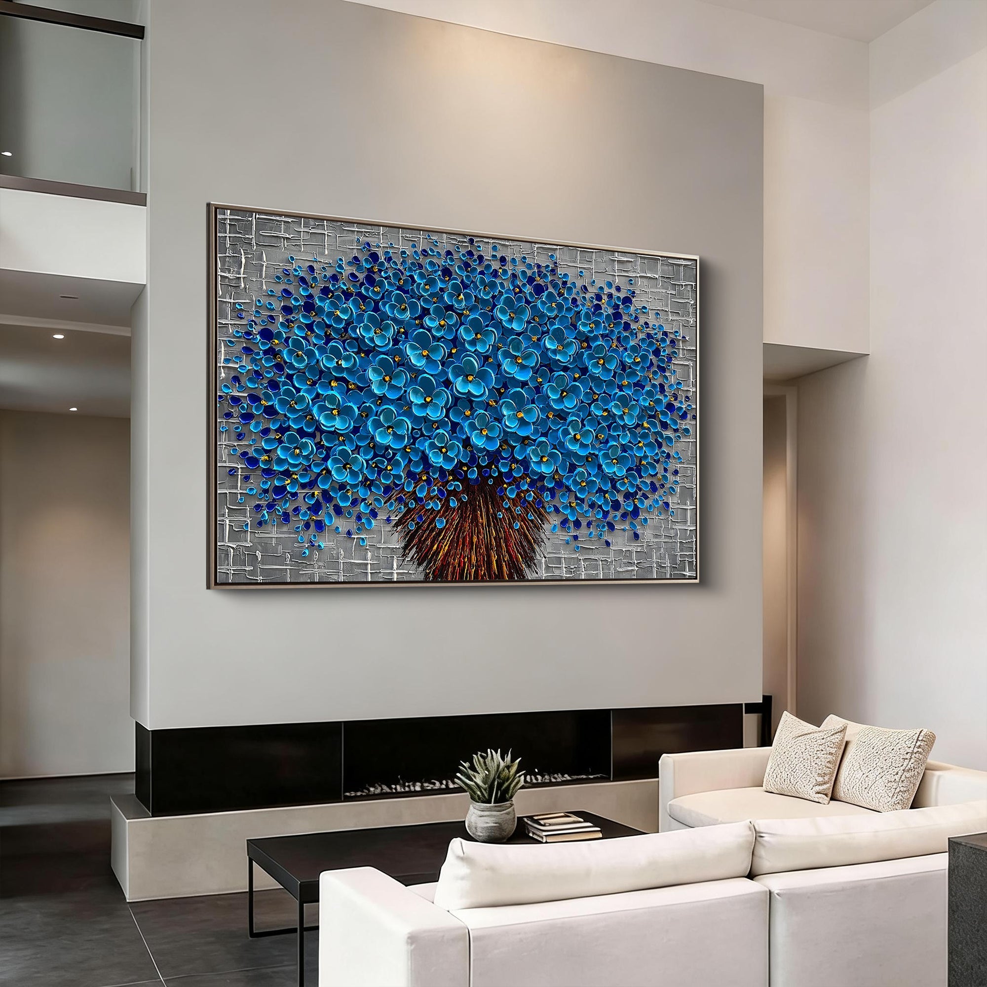 Cerulean Bloom – Modern Floral Relief Floral Painting | Contemporary Botanical Bedroom & Living Room Art