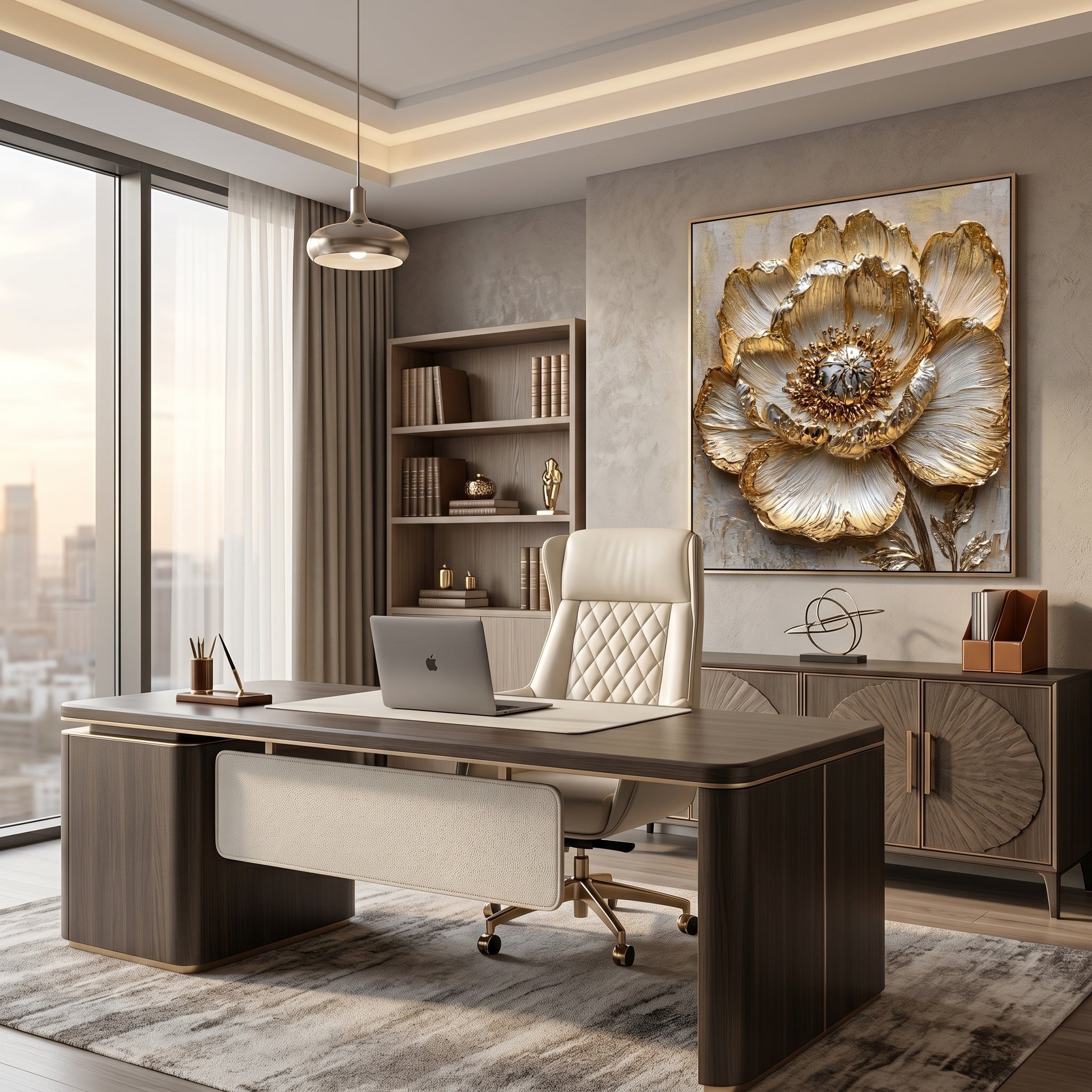 Gilded Bloom – Modern Luxury 3D Relief Oil Painting | Metallic Peony Flower Textured Bedroom Art