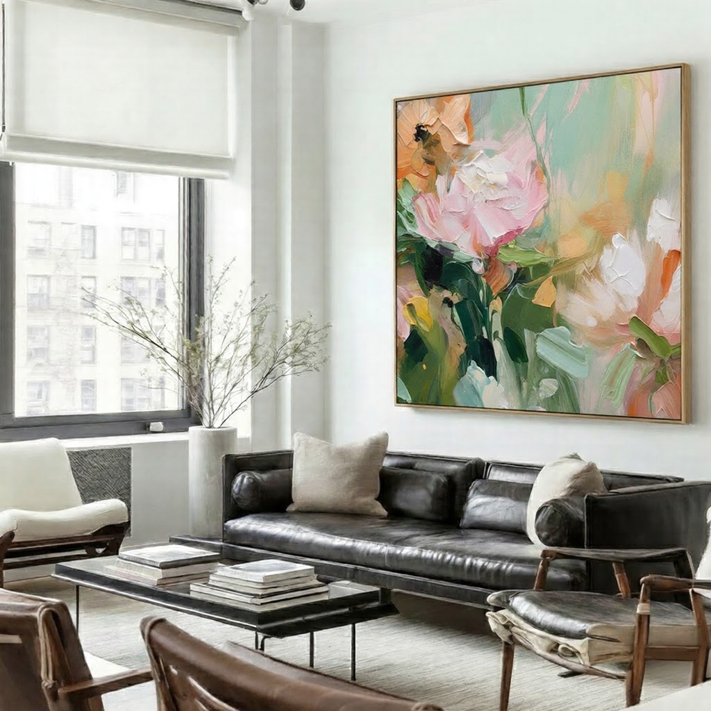 Pastel Whisper – Hand-Painted Impressionist Pink and Sage Green Palette Knife Floral Painting | Tropical Botanical Bedroom & Dining Room Art