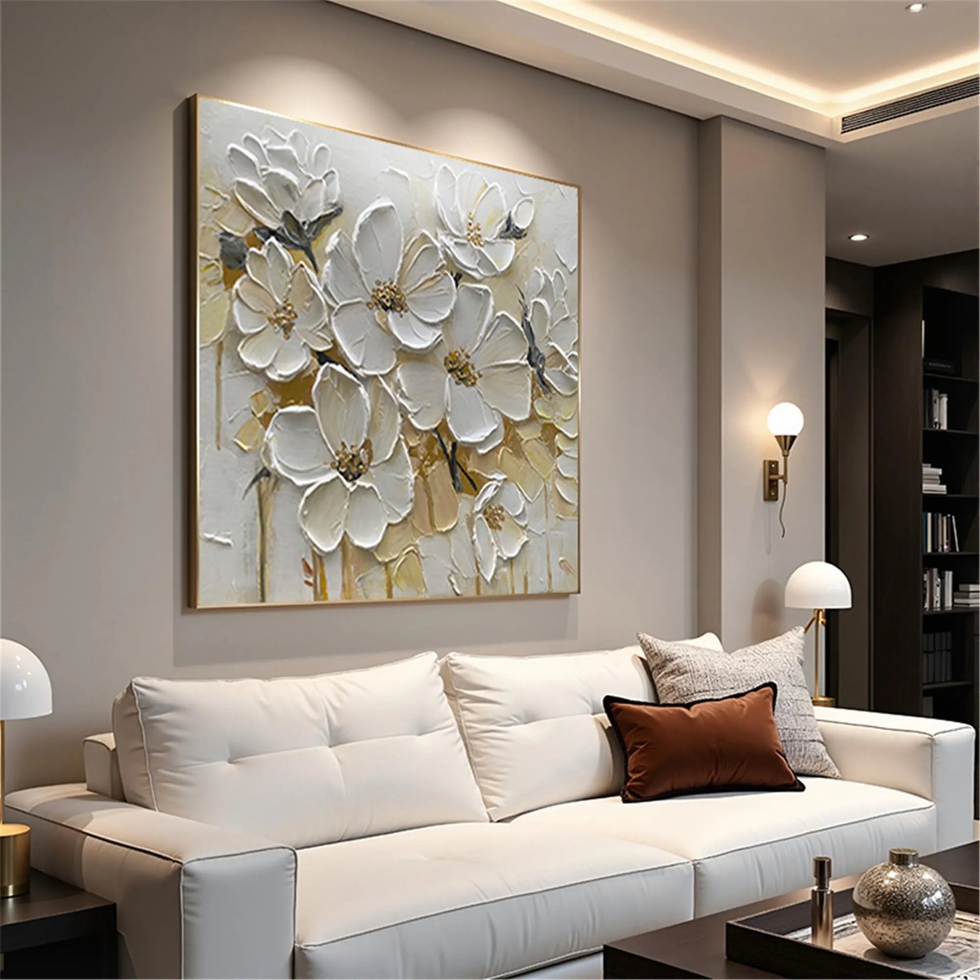 Creamy Bloom – White Petal Relief Floral Painting | Soft Organic Botanical Bedroom & Living Room Art