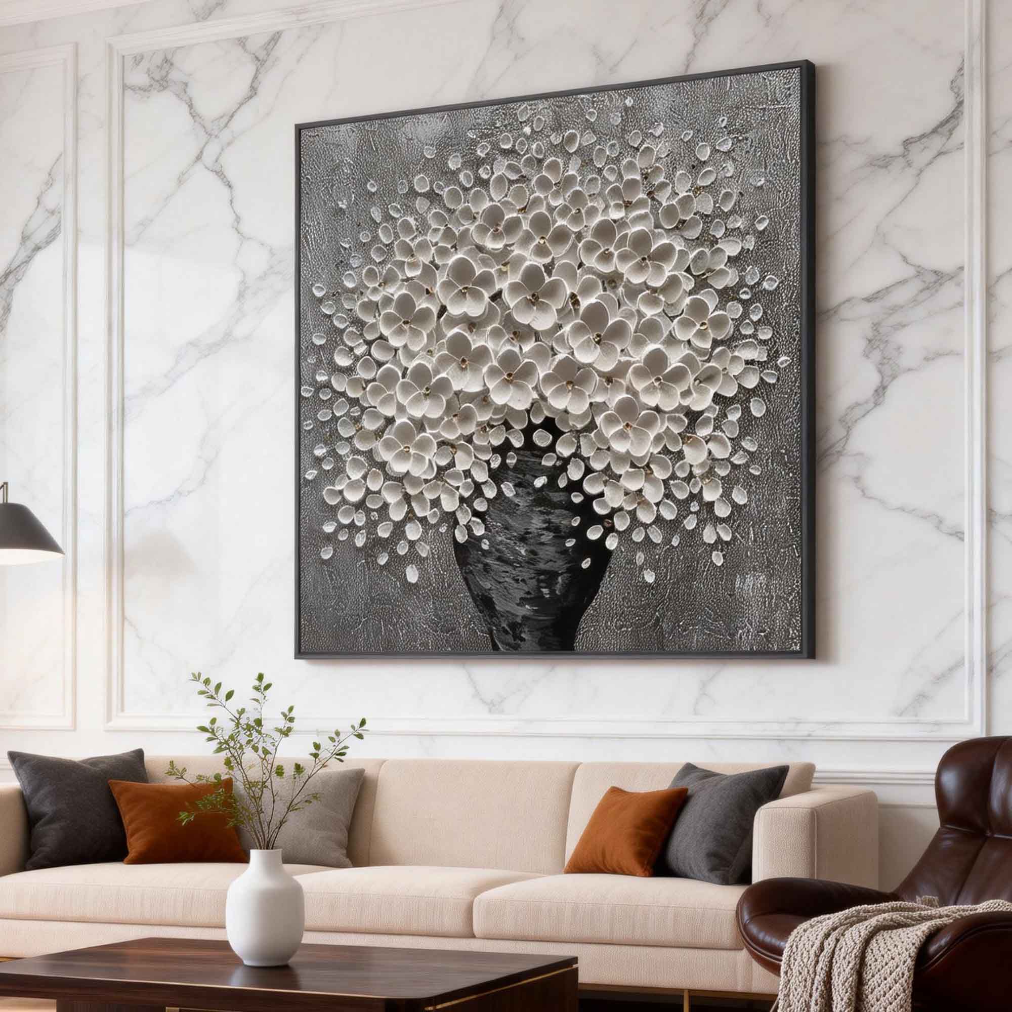 Stellar Bloom – White Petal Relief on Silver Plaster Floral Painting | Contemporary Botanical Bedroom & Living Room Art