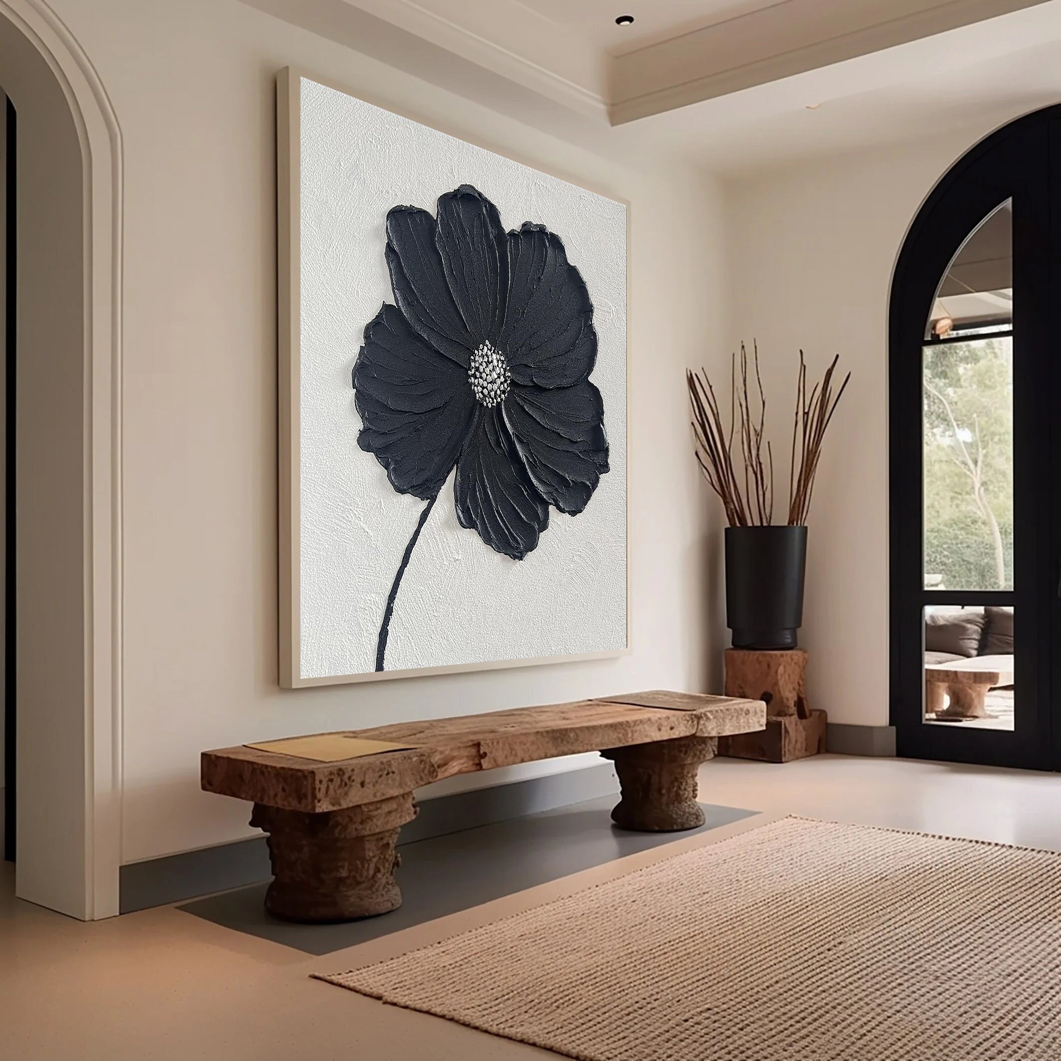 Midnight Petal – Black Minimalist Plaster Relief Floral Painting | Contemporary Botanical Bedroom & Living Room Art