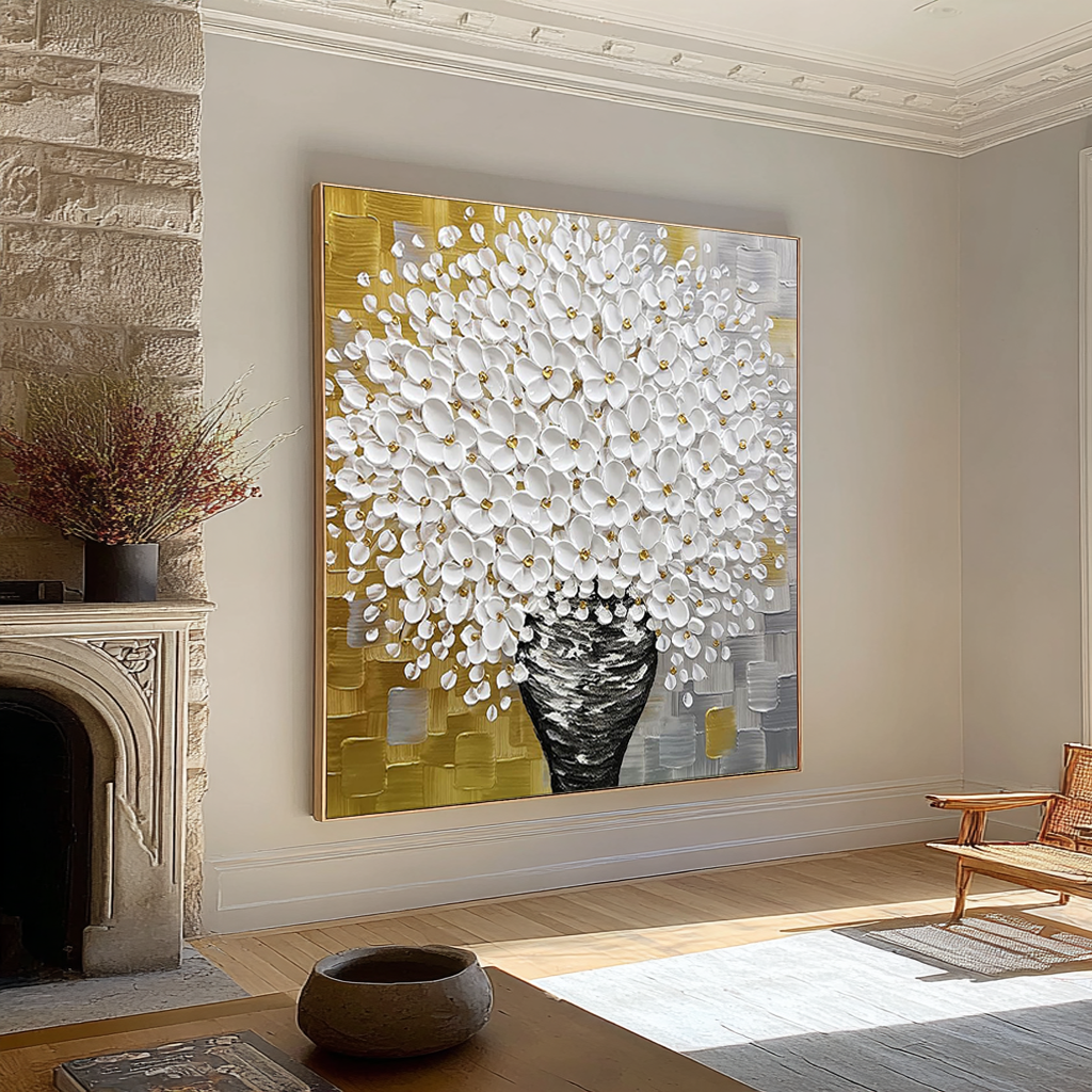 Golden Harvest – Luxury Gold and Grey Floral Relief Floral Painting | Modern Luxury Botanical Bedroom & Living Room Art