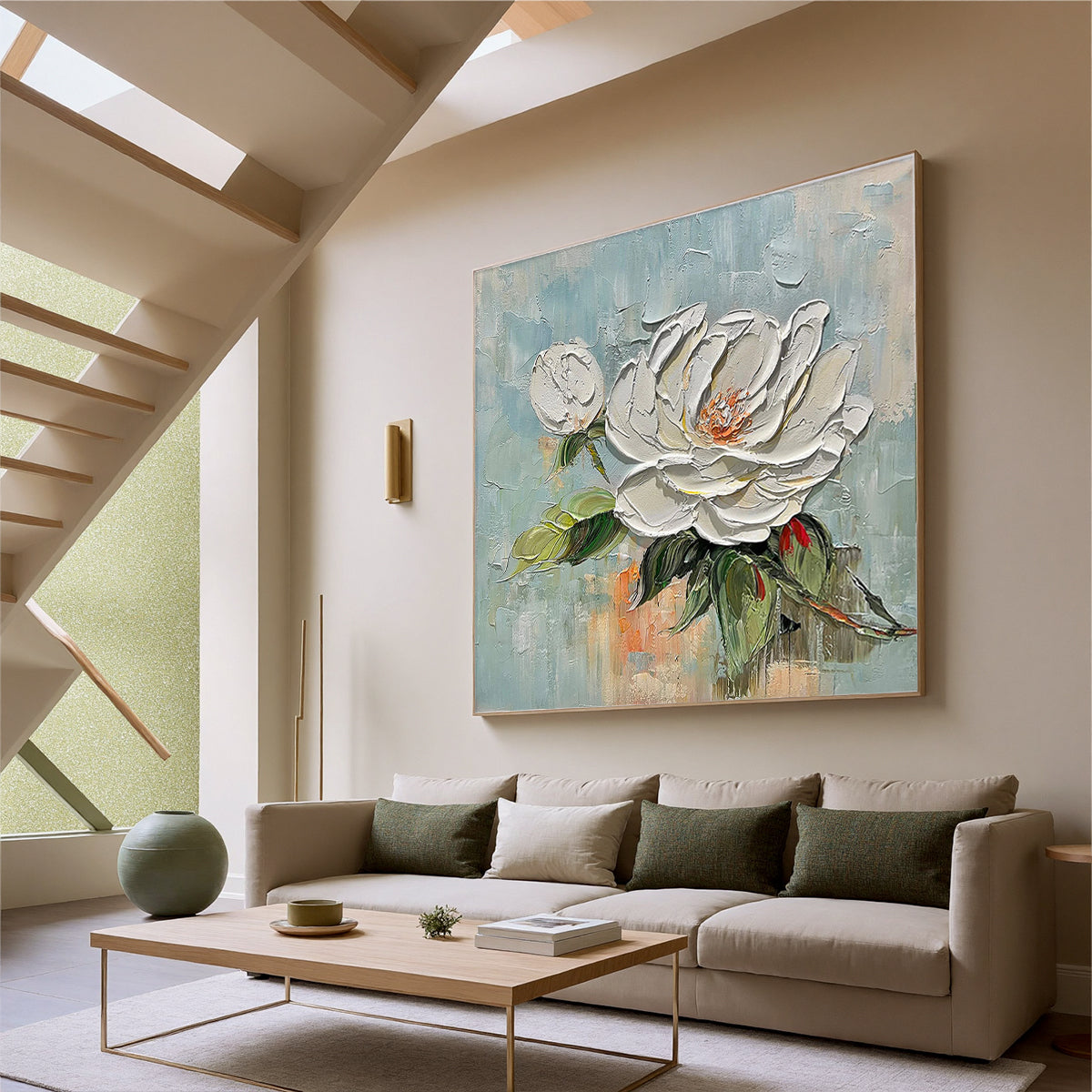 Blooming Muse – White Petal Relief Oil Texture Painting | Contemporary Botanical Bedroom & Living Room Art