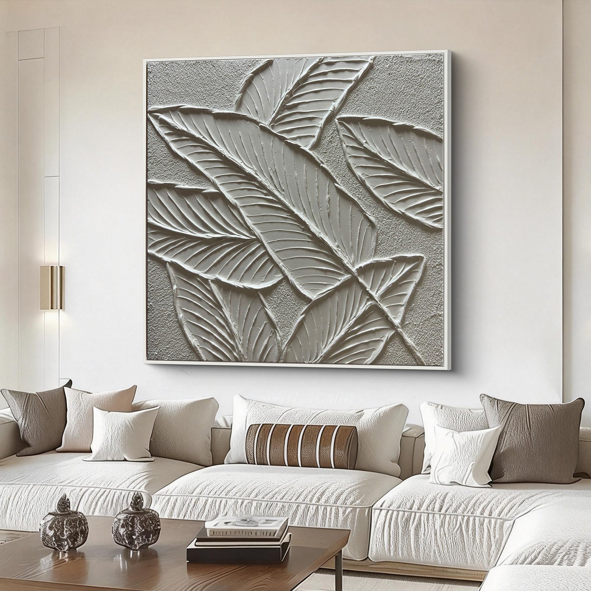 Tropical Repose – White Plaster Foliage Relief Texture Painting | Contemporary Botanical Bedroom & Living Room Art