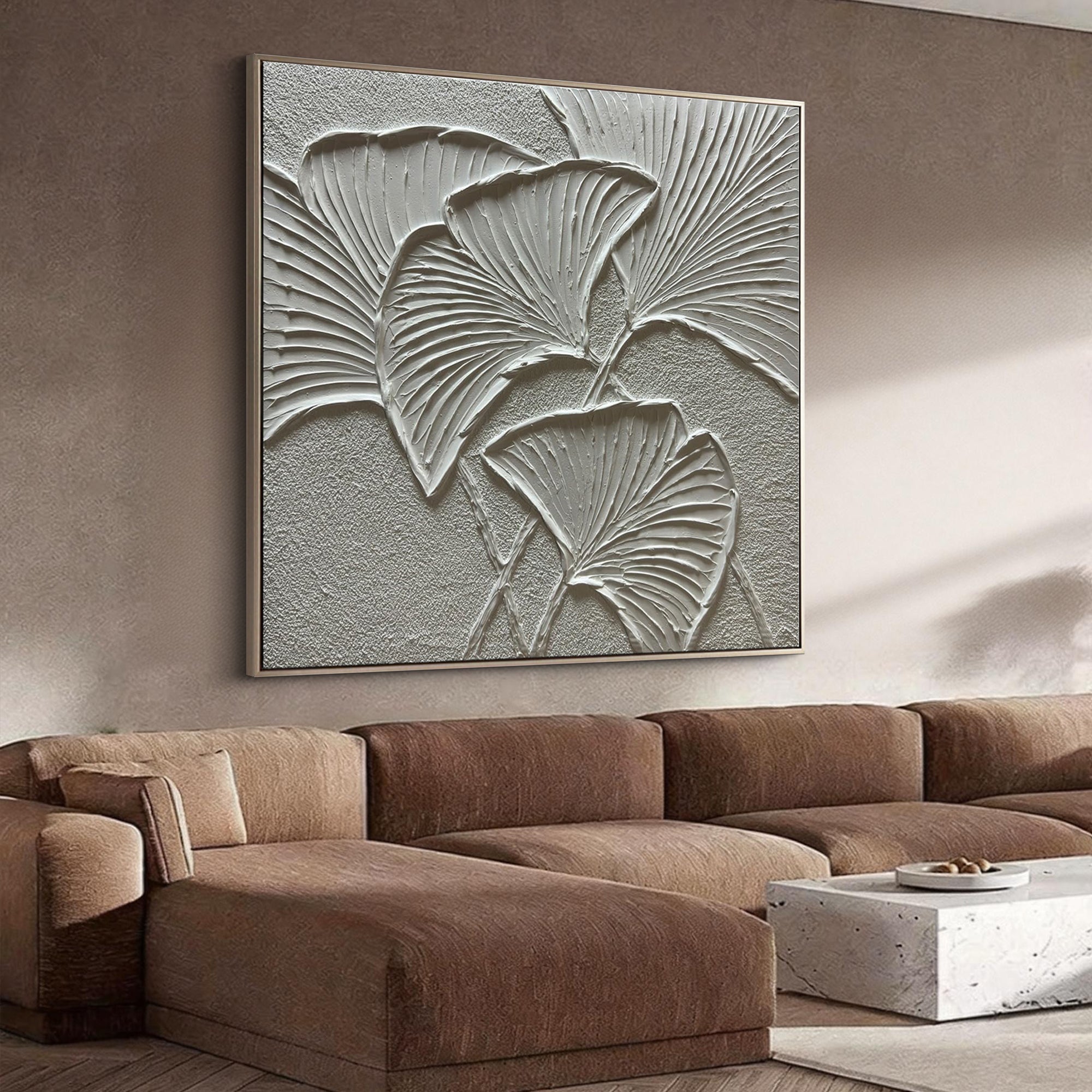 Ginkgo Whisper – Modern Minimalist Ginkgo Leaf Textured Painting | Wabi-Sabi Sculptural Hallway Art