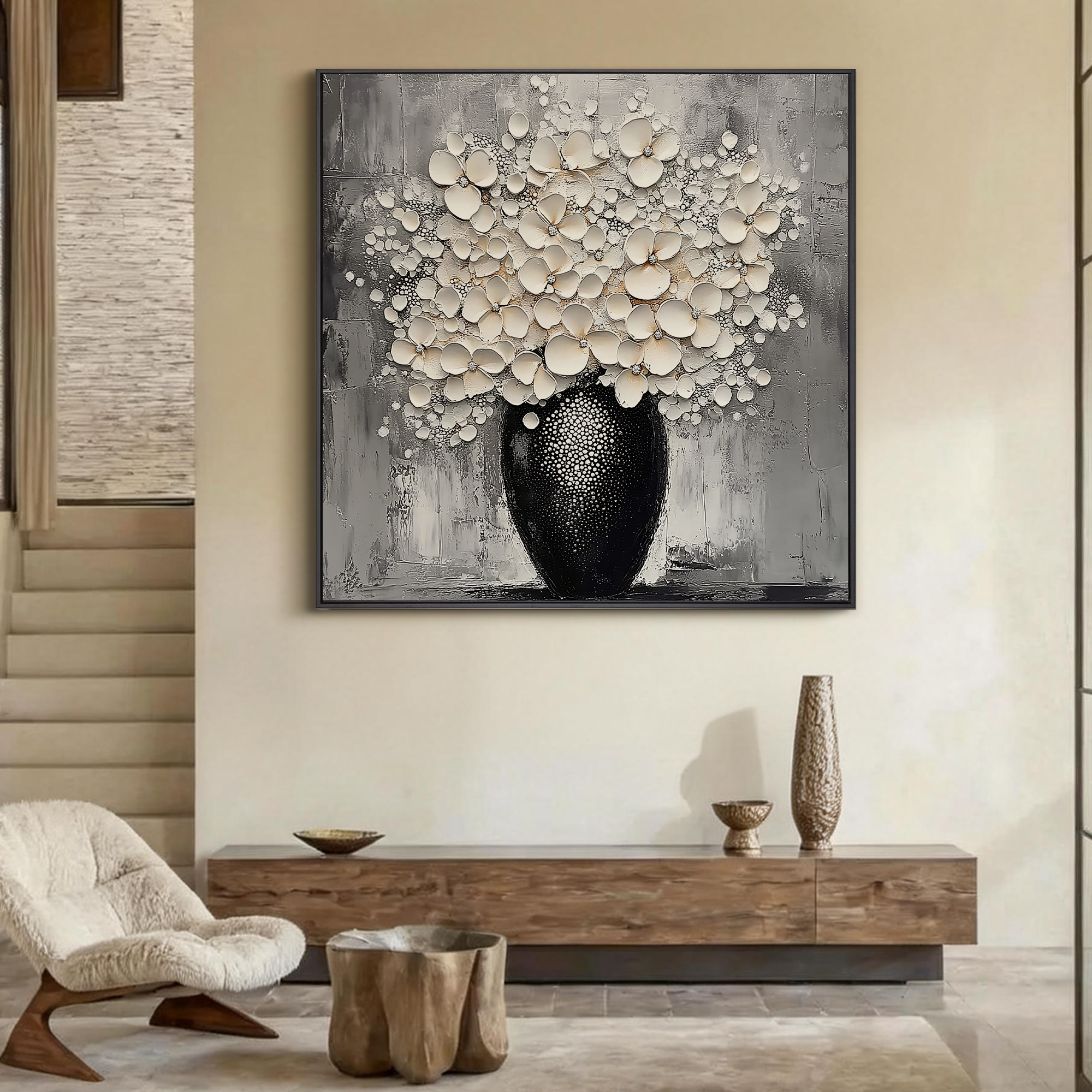 Blossoms in Relief – Modern Textured Floral Bouquet Painting | Luxury Black and White Still Life Vase Dining Room Art