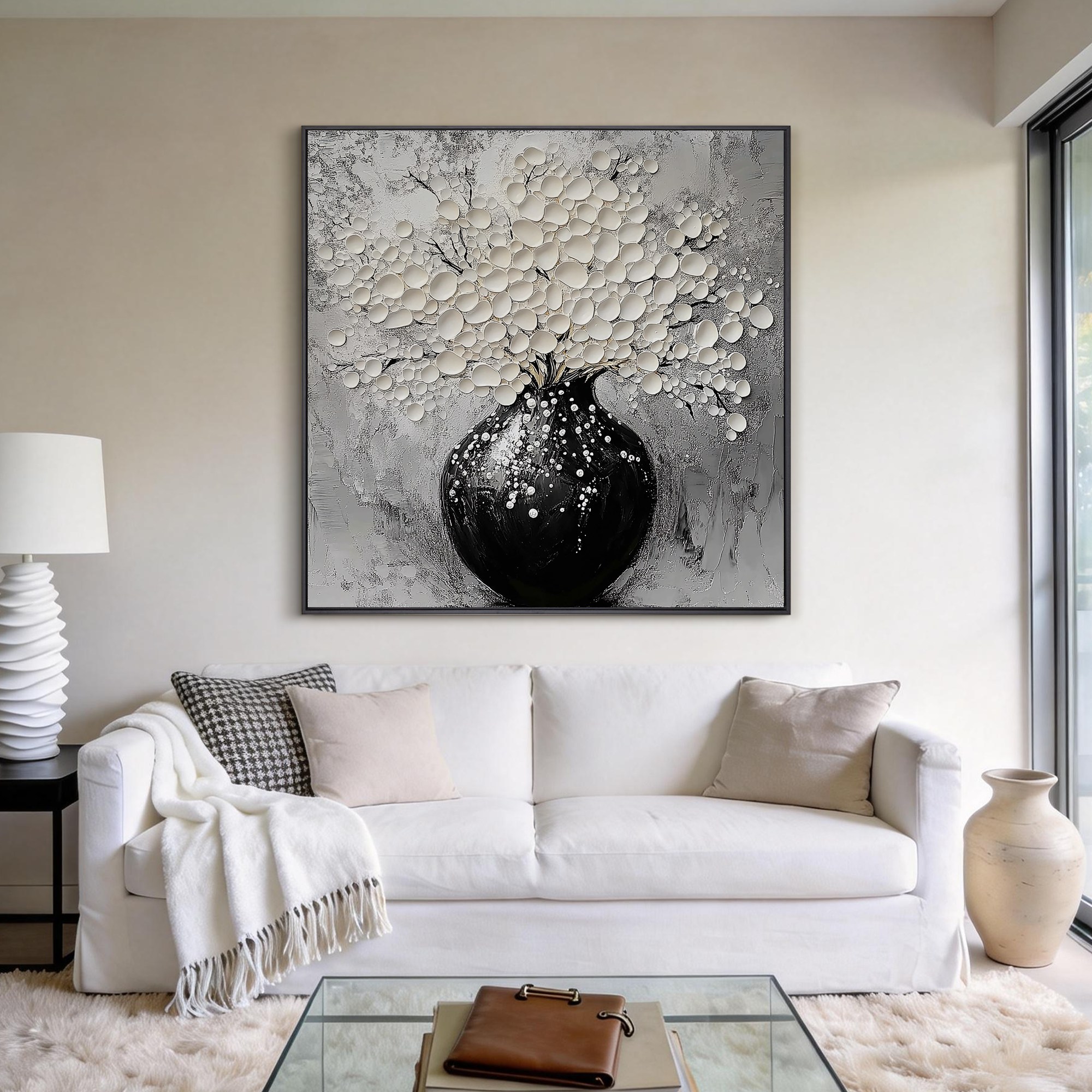 Serene Bloom – Modern Black-and-White Minimalist Relief Texture Painting | White-Flower Hallway Art
