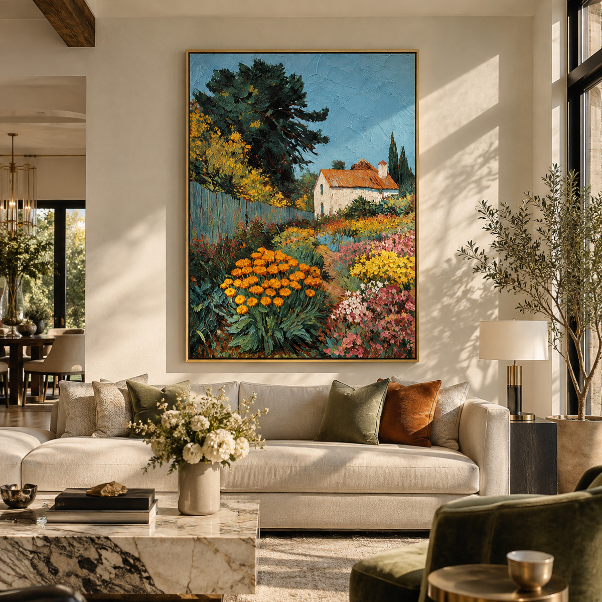 Marigolds by the Cottage - colorful garden cottage painting shown in modern room setting 2