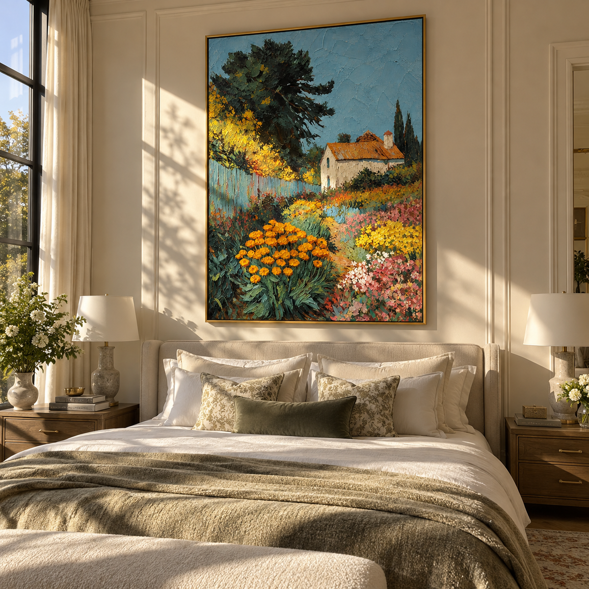 Marigolds by the Cottage - colorful garden cottage painting shown in modern room setting 5