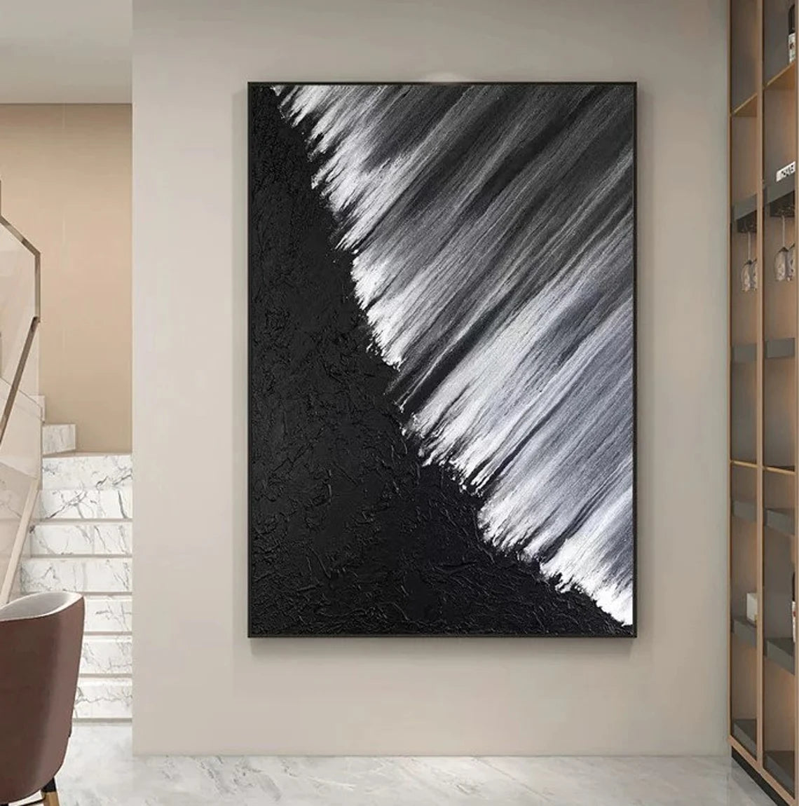 METALLIC SWEEP: Minimalist Wall Art, Hand-Painted Black Plaster and Silver Brush Stroke 3D Heavy Texture Studio Art