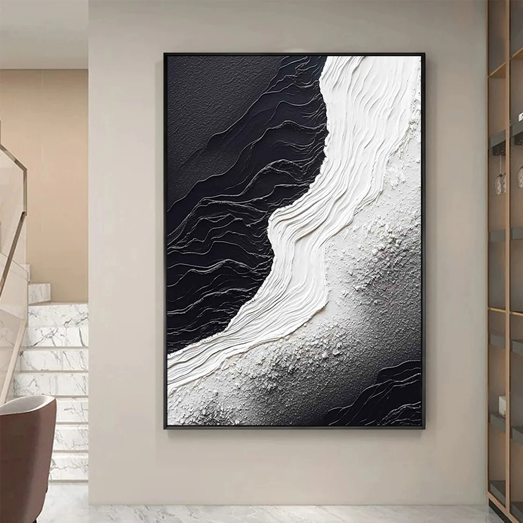 Echo of Monolith – Modern Minimalist Black and White Heavy Textured Painting | Wabi-Sabi Abstract Hallway Art