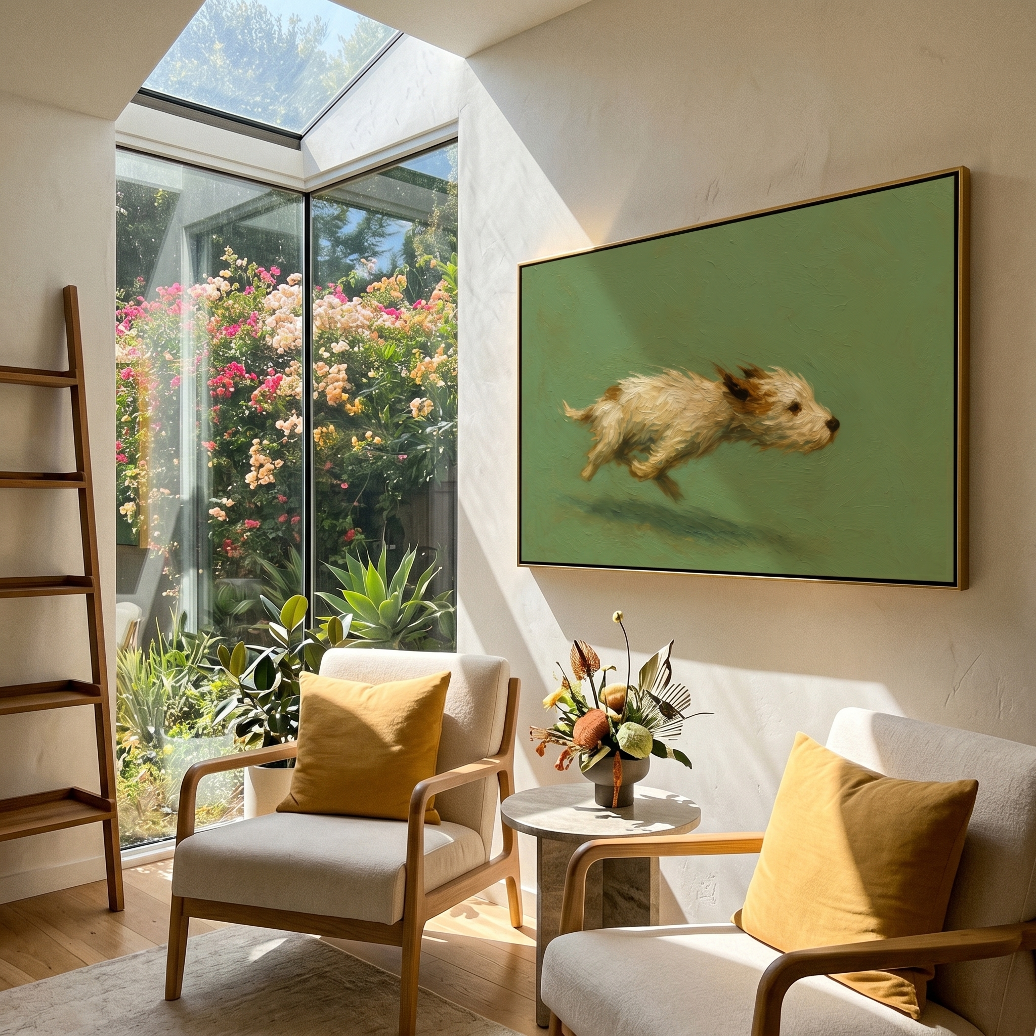 Free Spirit Run – Sage Green Minimalist Impasto Dog Oil Painting | Modern Cozy Pet Theme Hallway Art