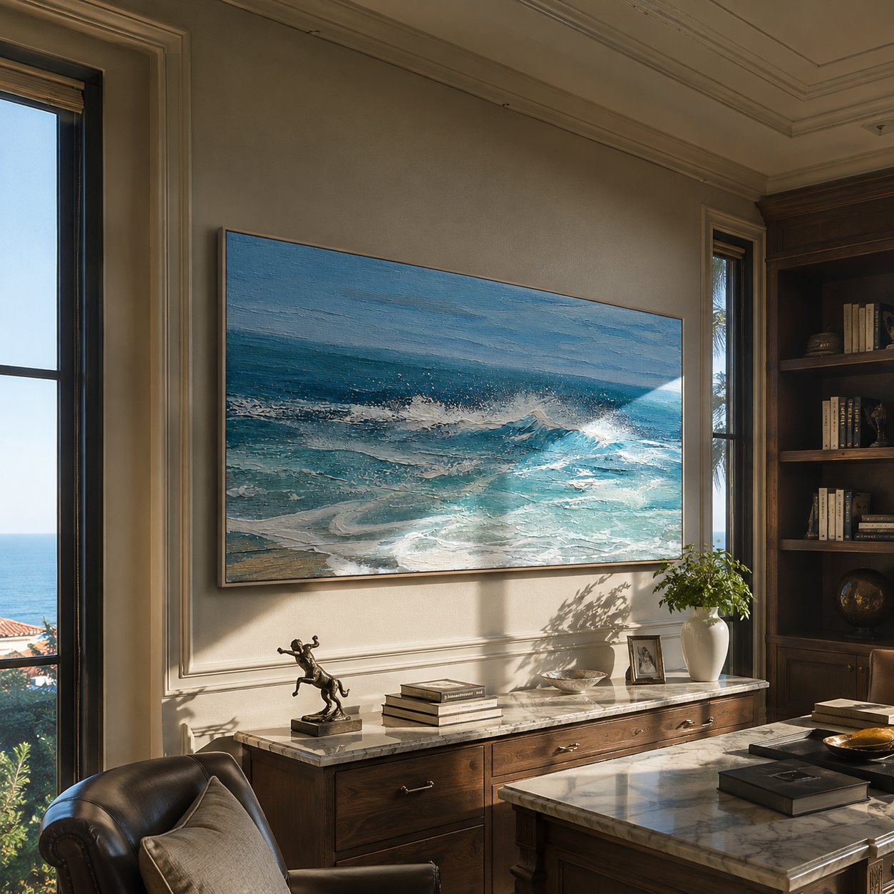 Turquoise ocean wave painting displayed above a bedroom bed
