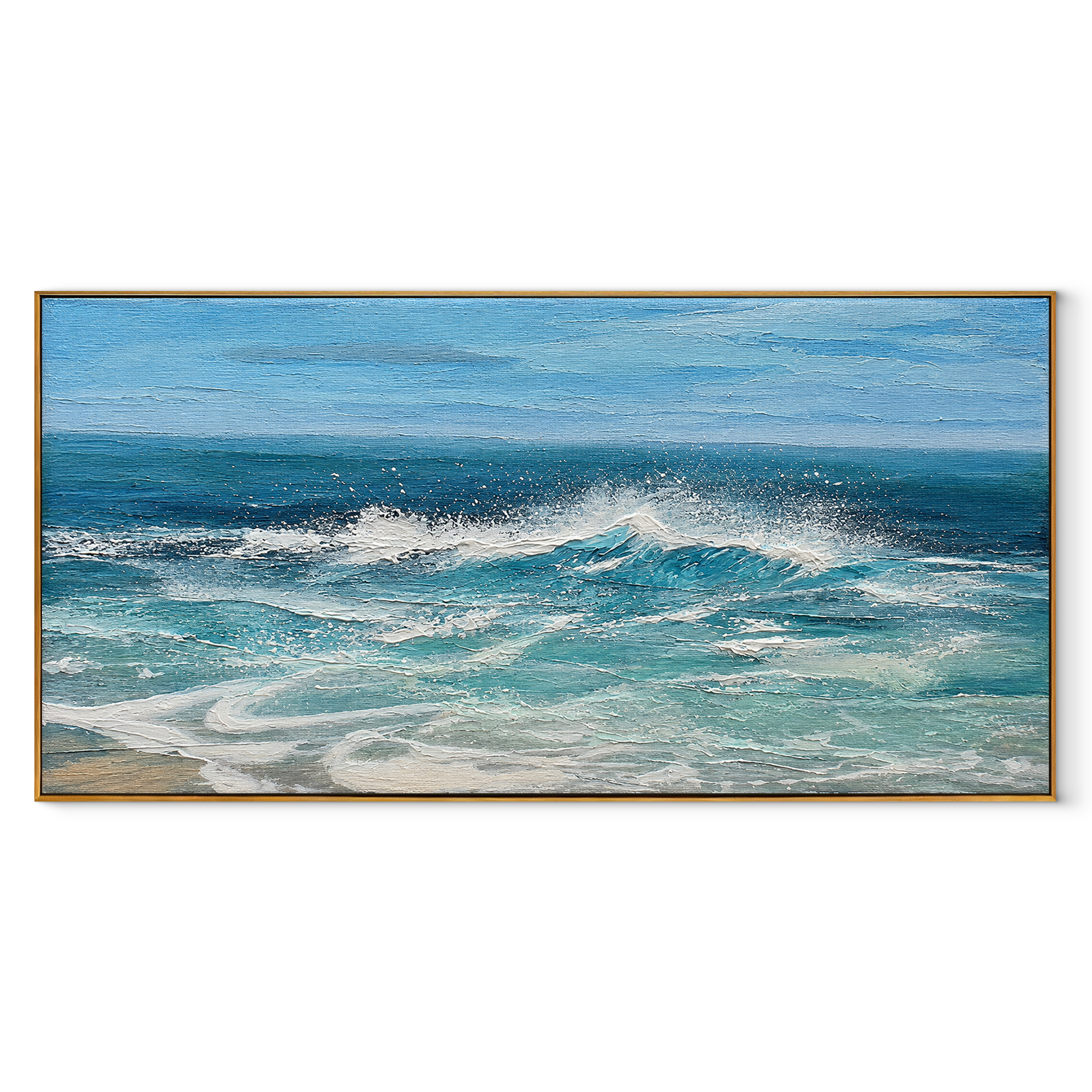 Wave Break Study ocean painting in a wood floating frame on white background