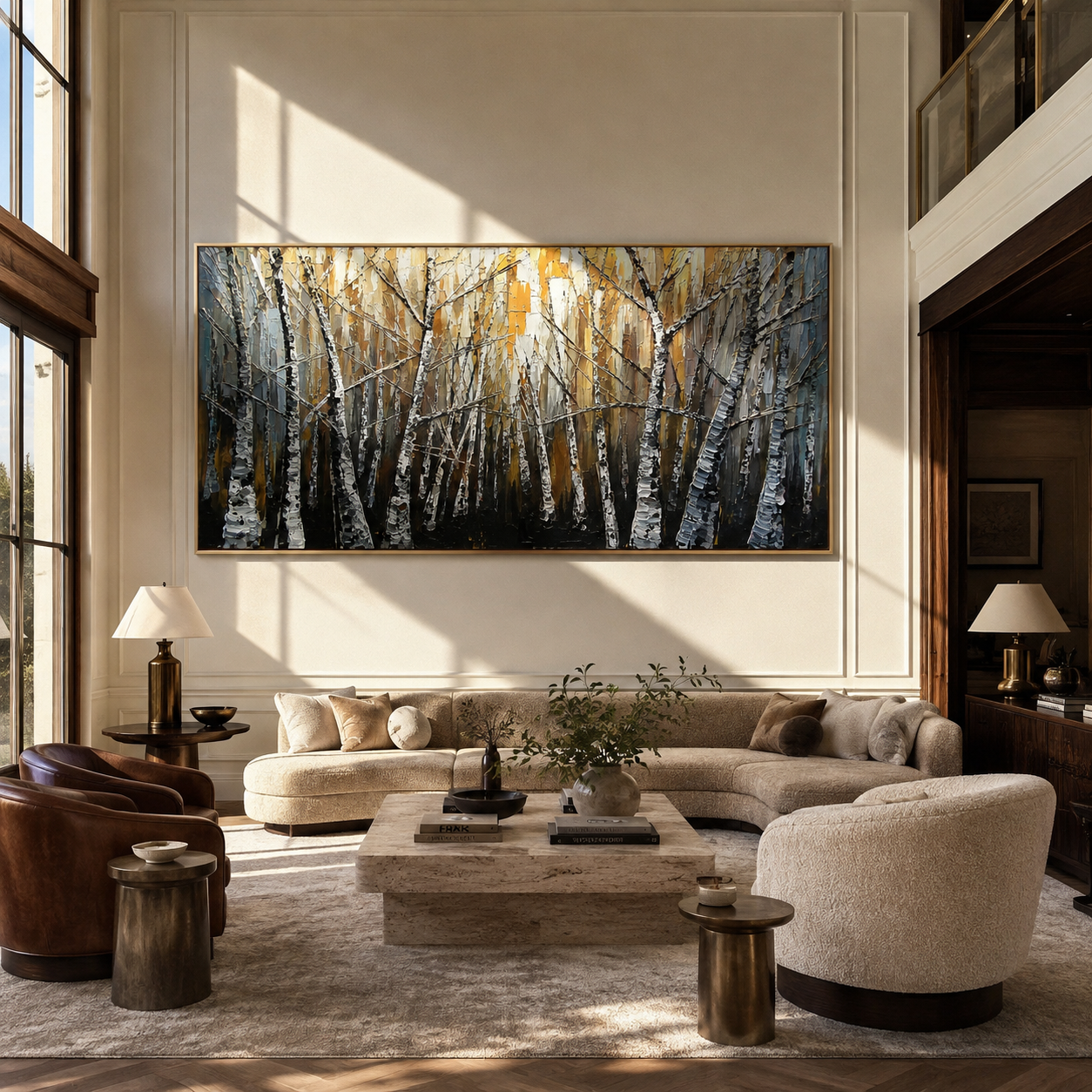 Gold and white birch forest painting displayed above a home office credenza