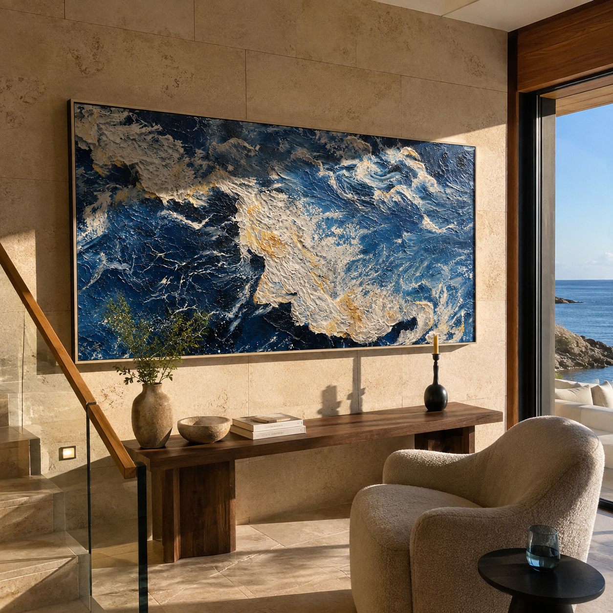 Storm Swept Current – navy and gold abstract ocean painting, horizontal hand-painted canvas art