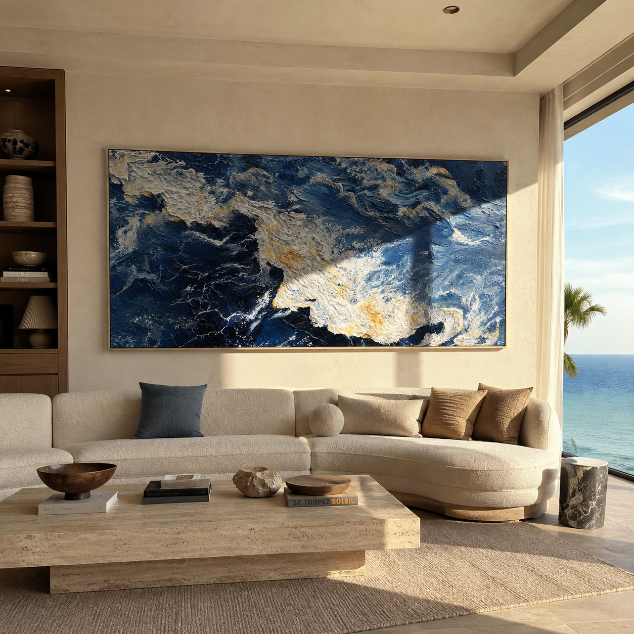 Navy and gold abstract ocean painting displayed above a coastal living room console