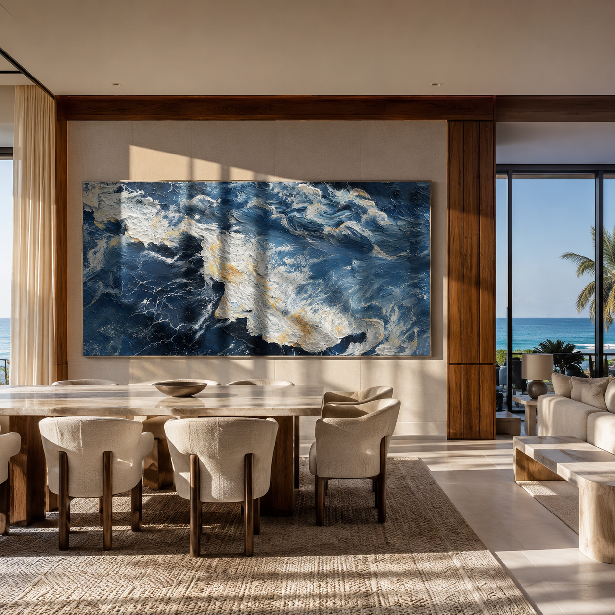 Dramatic storm ocean canvas hung above a dining table with ocean view
