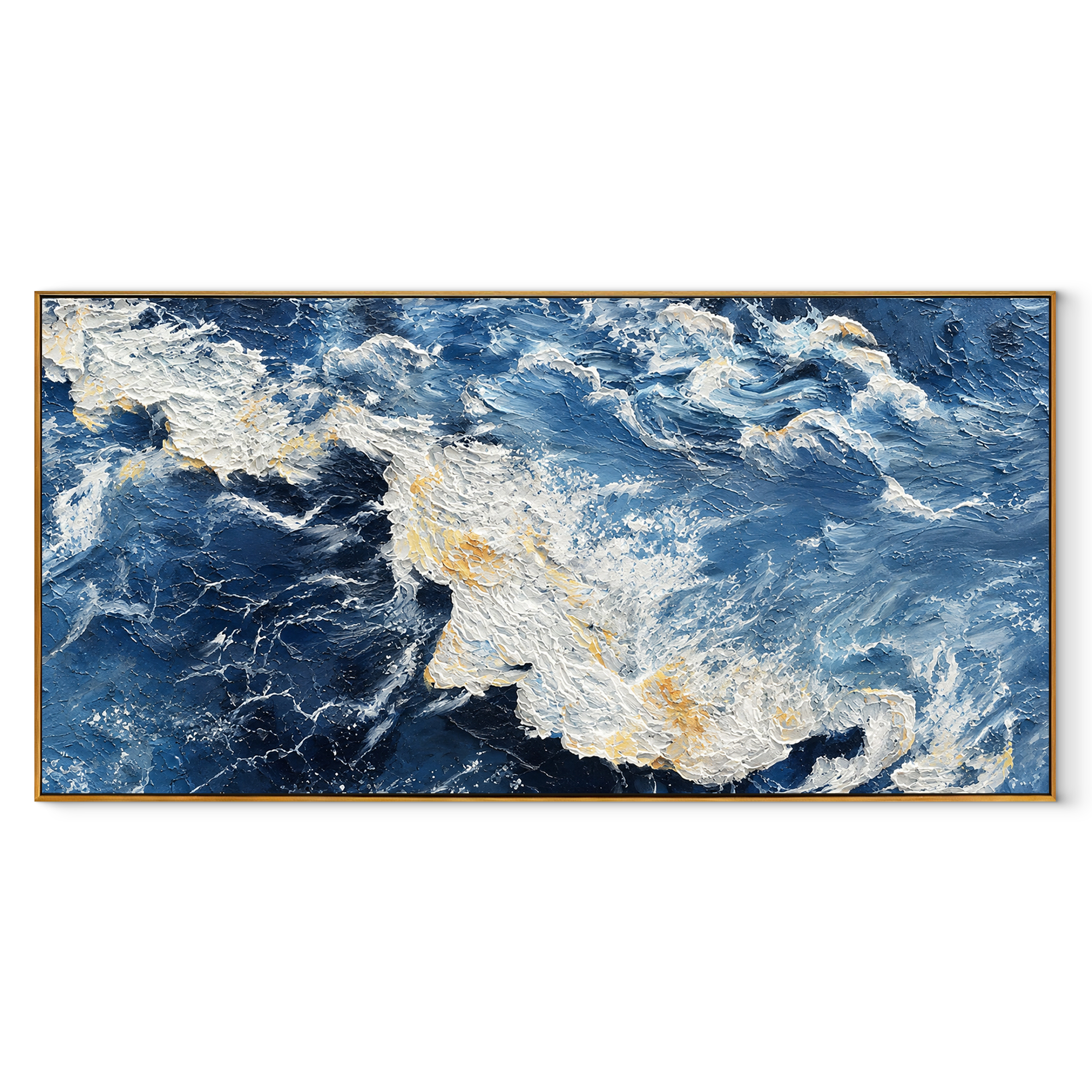 Storm Swept Current ocean painting in a wood floating frame on white background