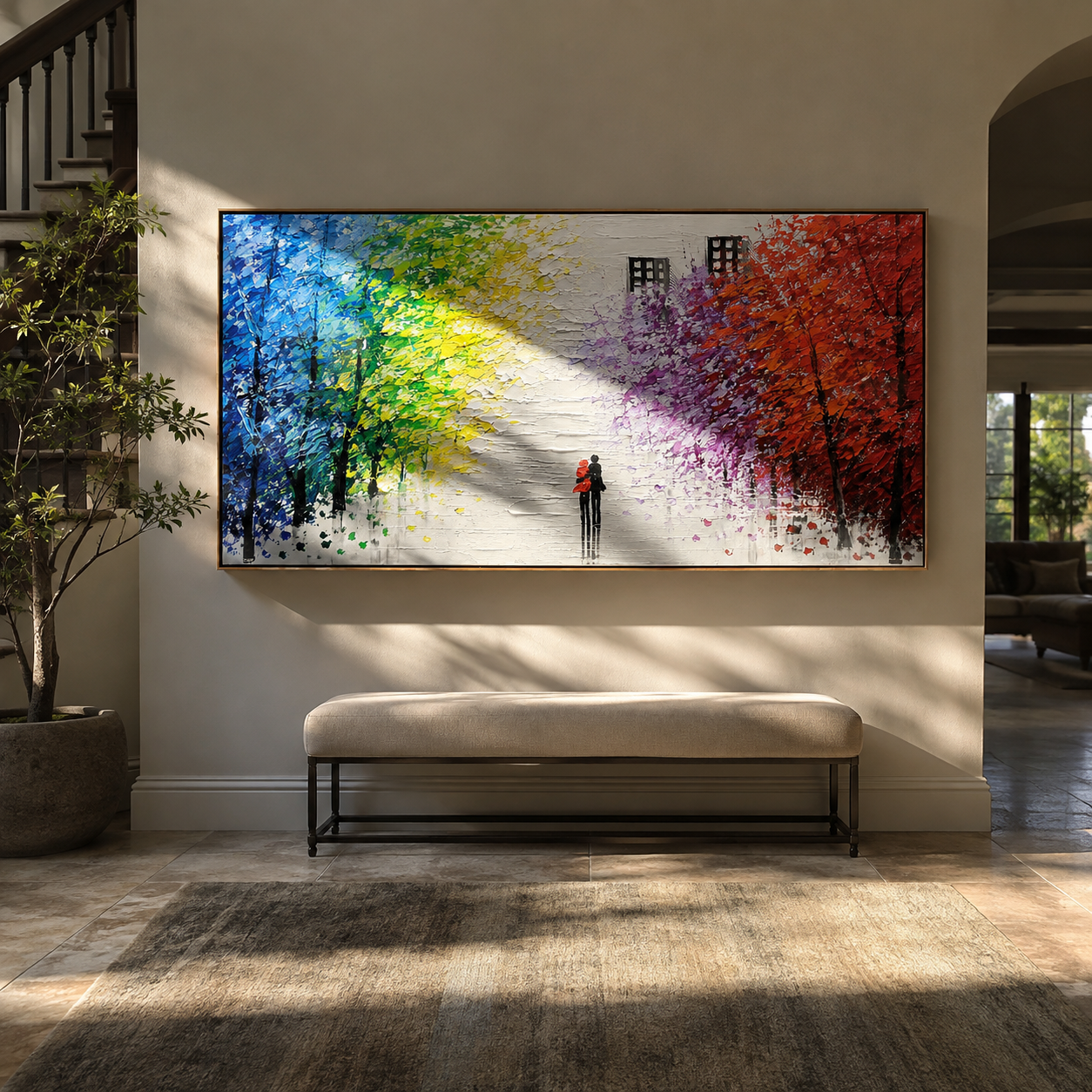 Textured tree-lined path painting with a strolling couple above a marble fireplace mantel