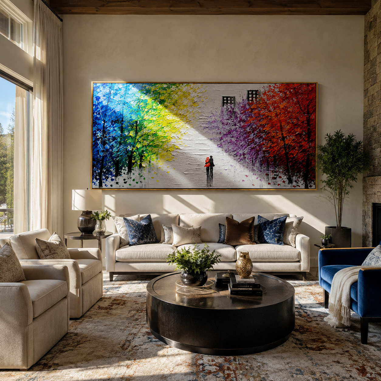 Panoramic rainbow tree avenue painting displayed above a bed in an entryway foyer